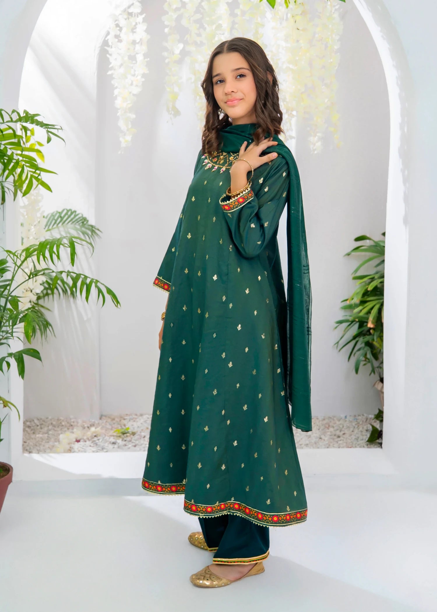 cotton jacquard Anarkali in Dark green