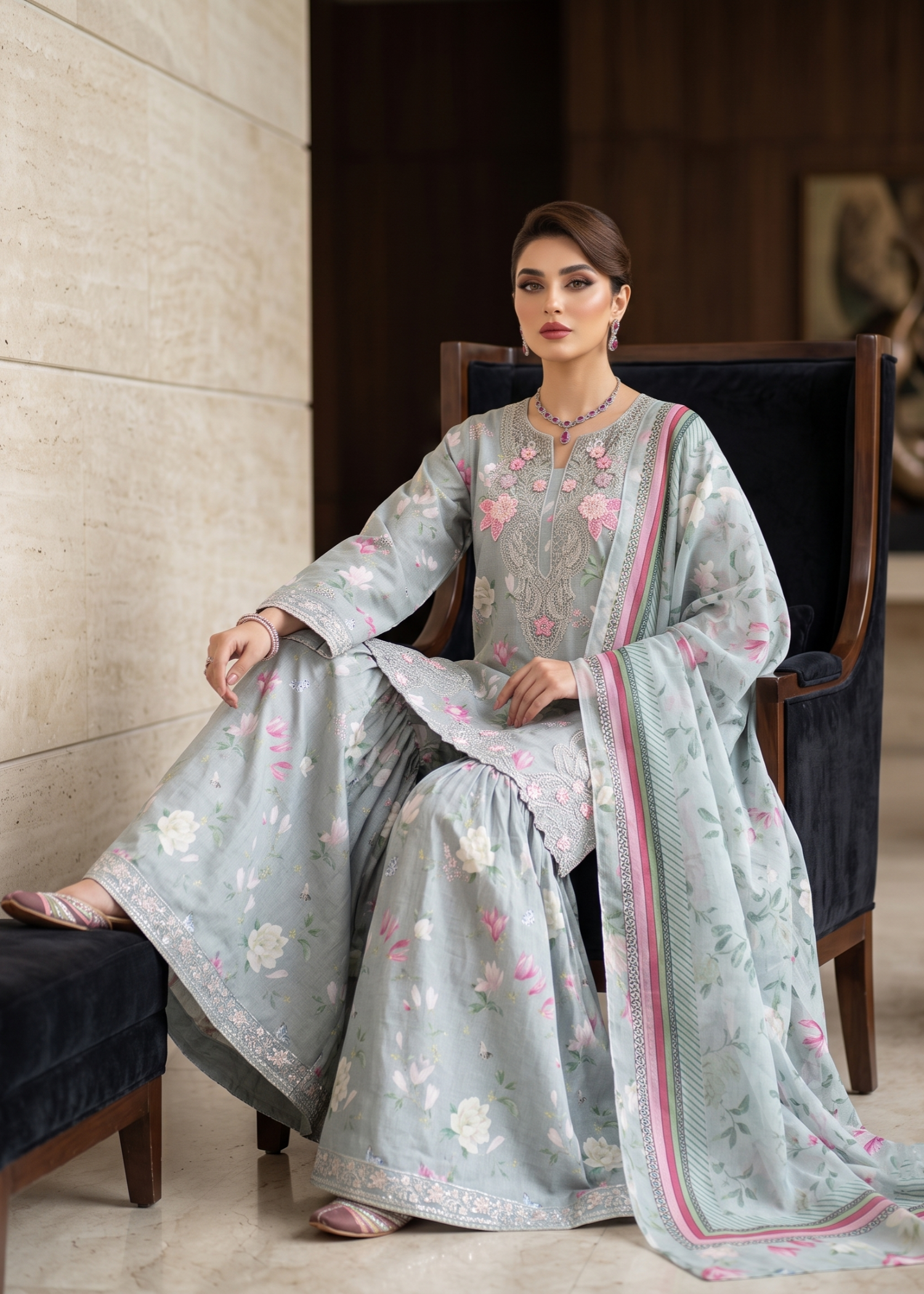 lawn Gharara in Ash grey