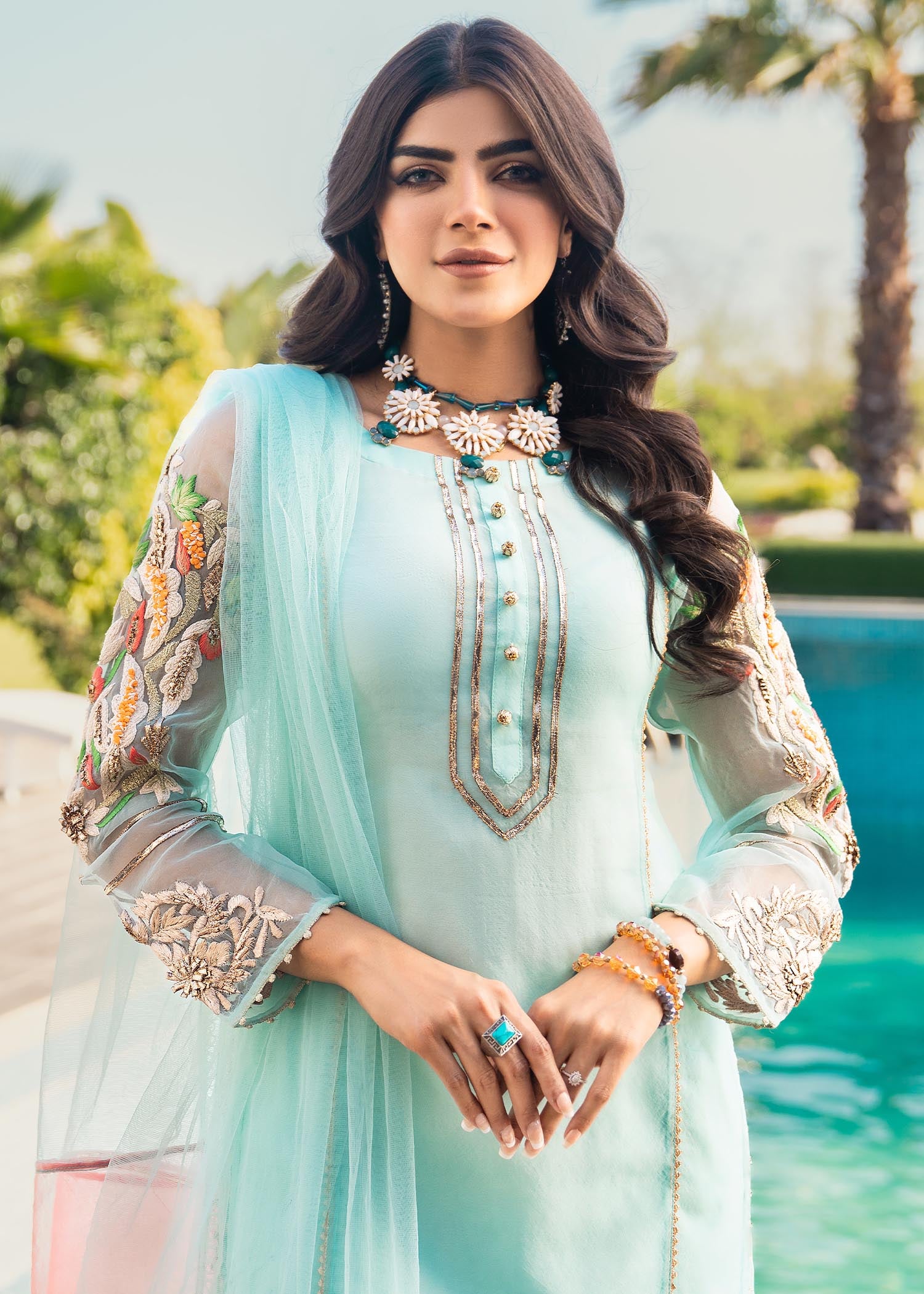 organza Kurta Set in Light cyan