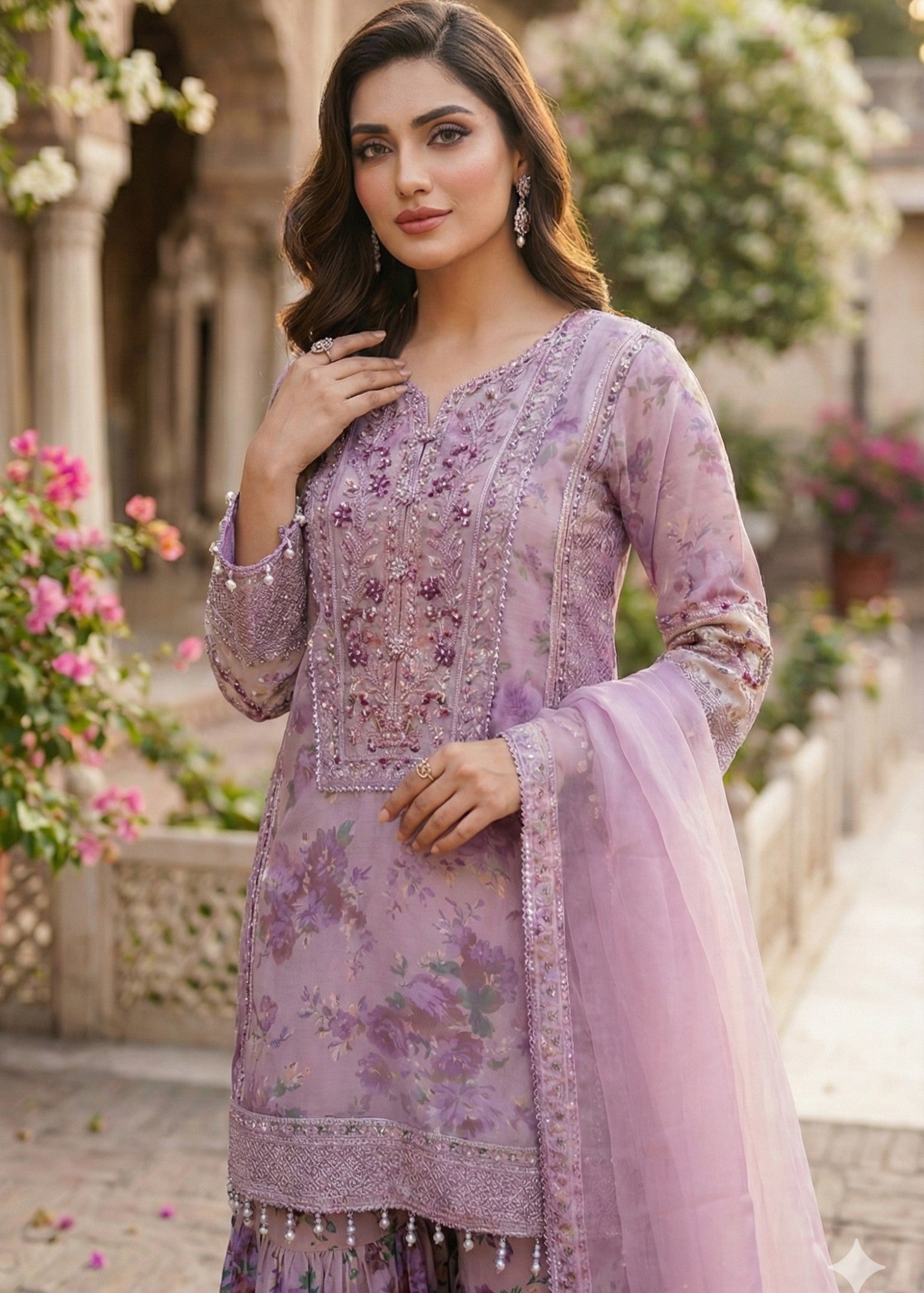 organza Gharara in Lavender mist