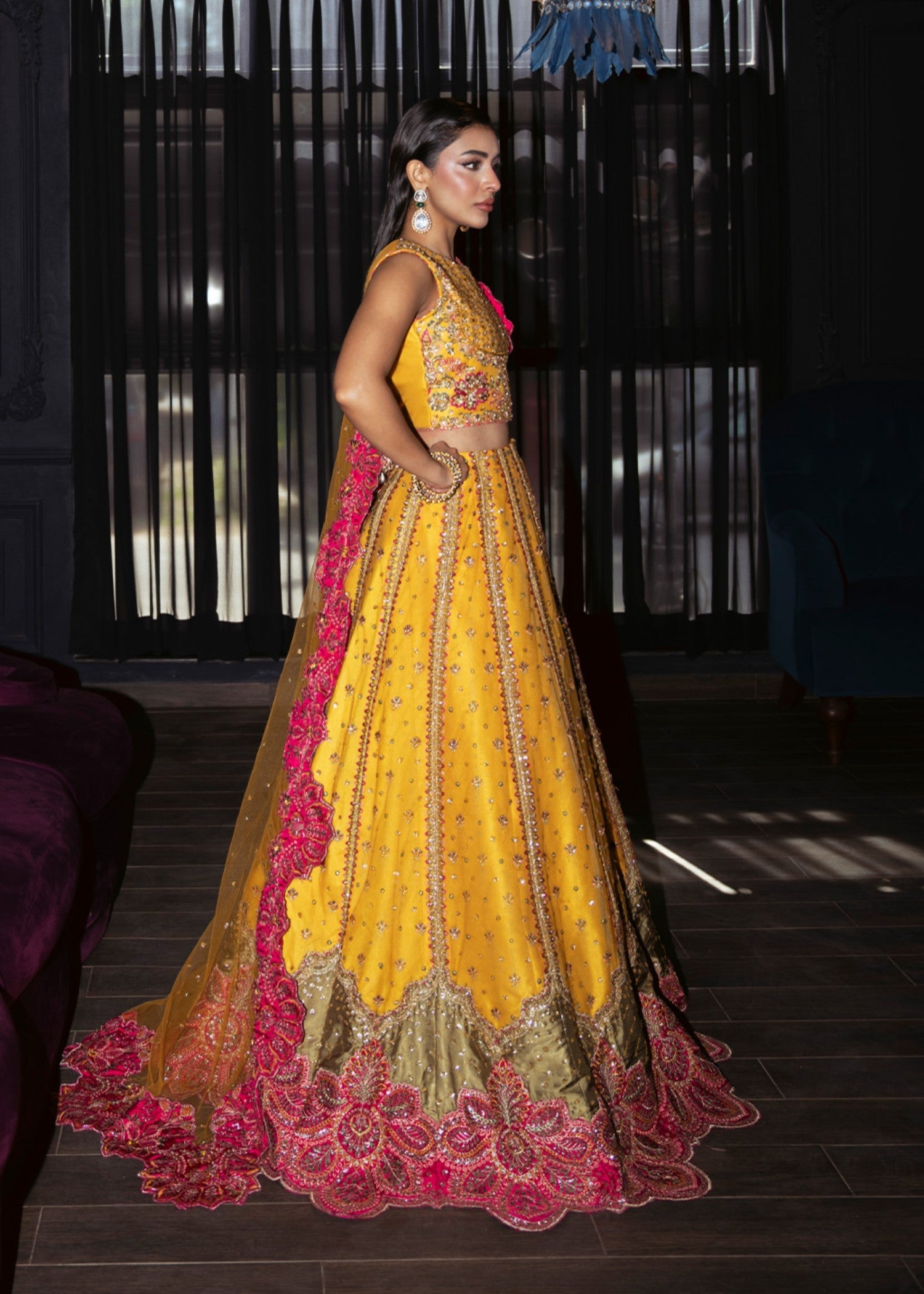 net Lehenga in Mustard