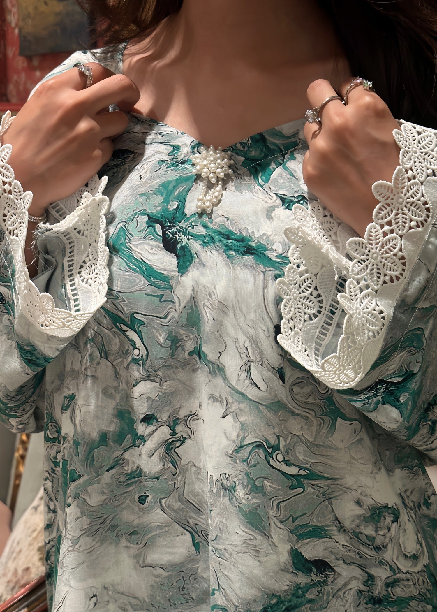 arabic lawn Kurta Set in Bottle green, white, sea green