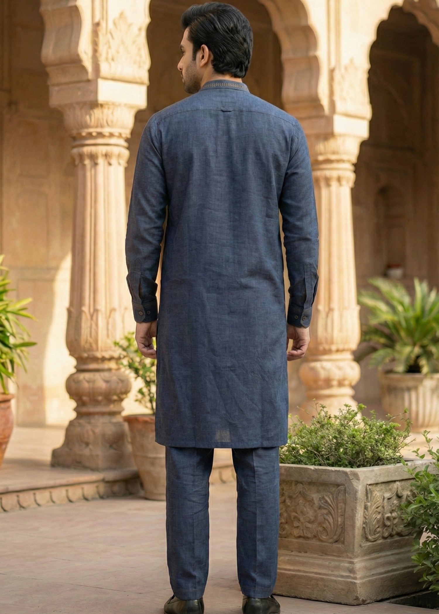 textured wash & wear Kurta Set in Blue