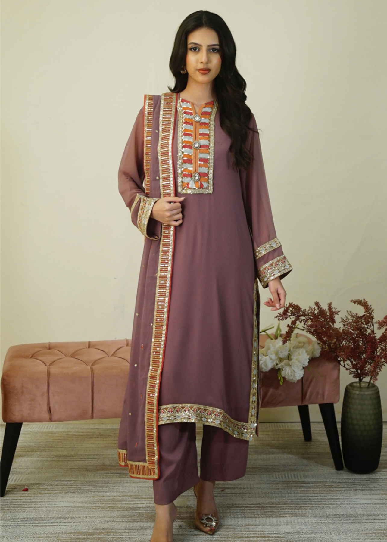 grip Kurta Set in Mauve pink
