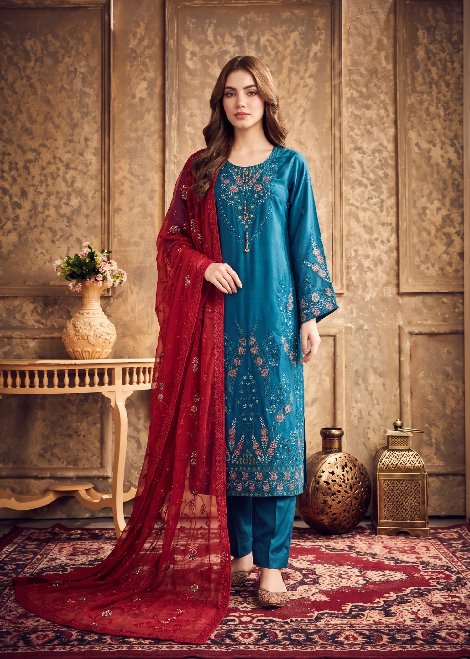 silk Kurta Set in Teal