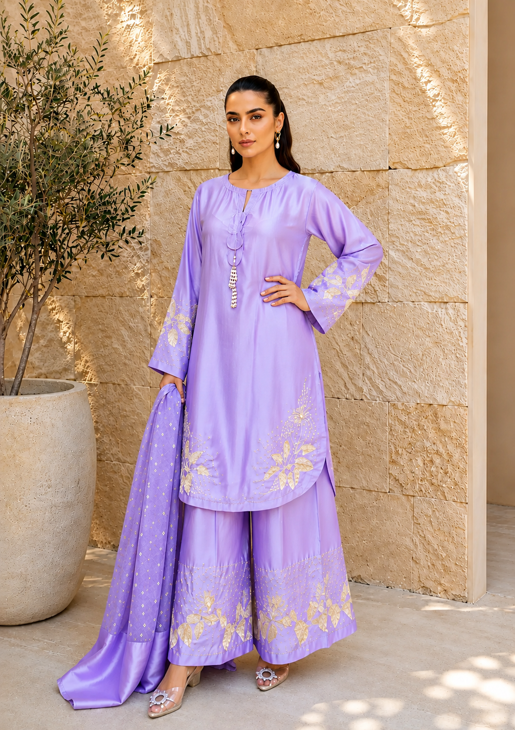 polyester charmeuse Kurta Set in Lilac