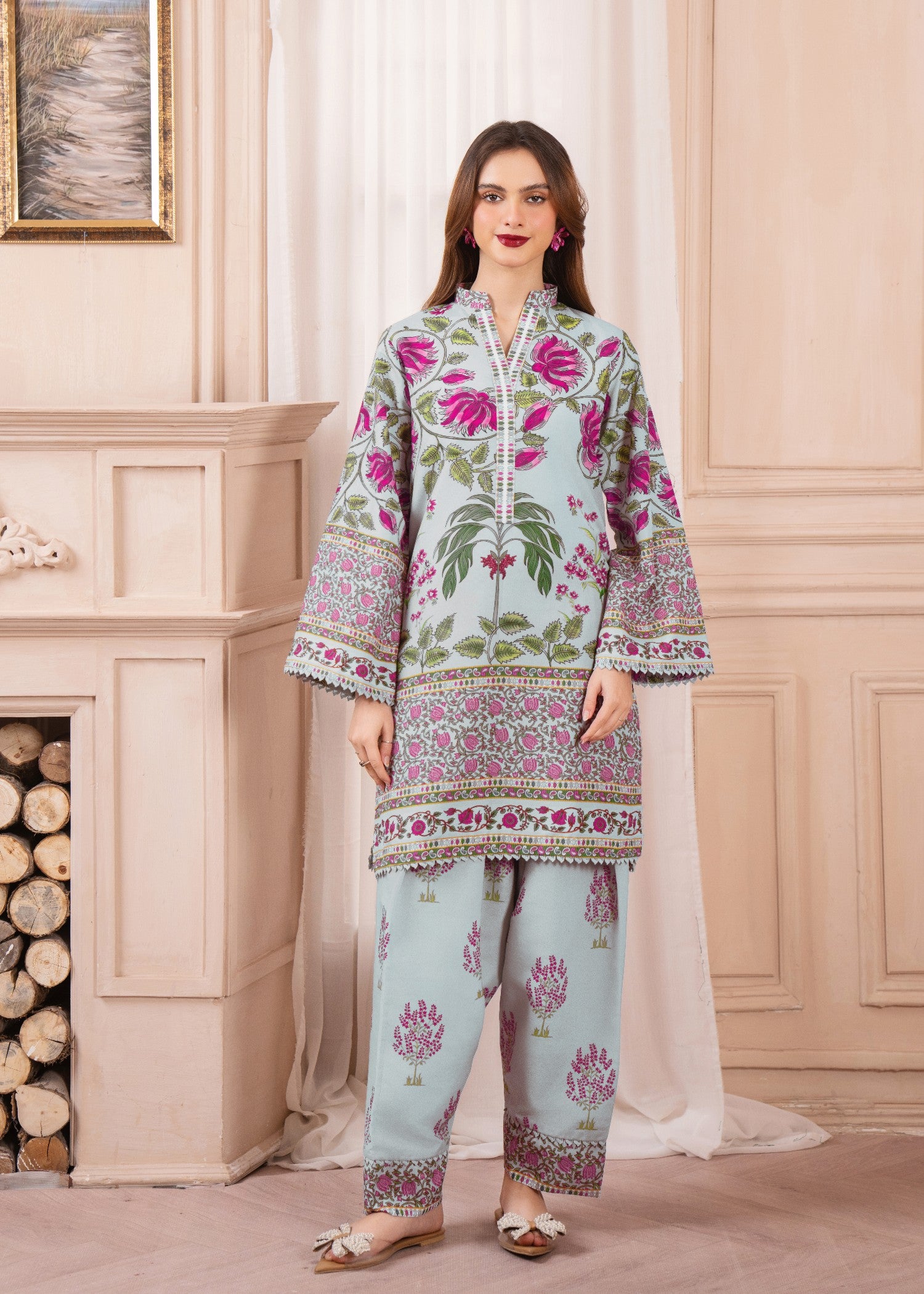 silk finish lawn Kurta Set in Moss green