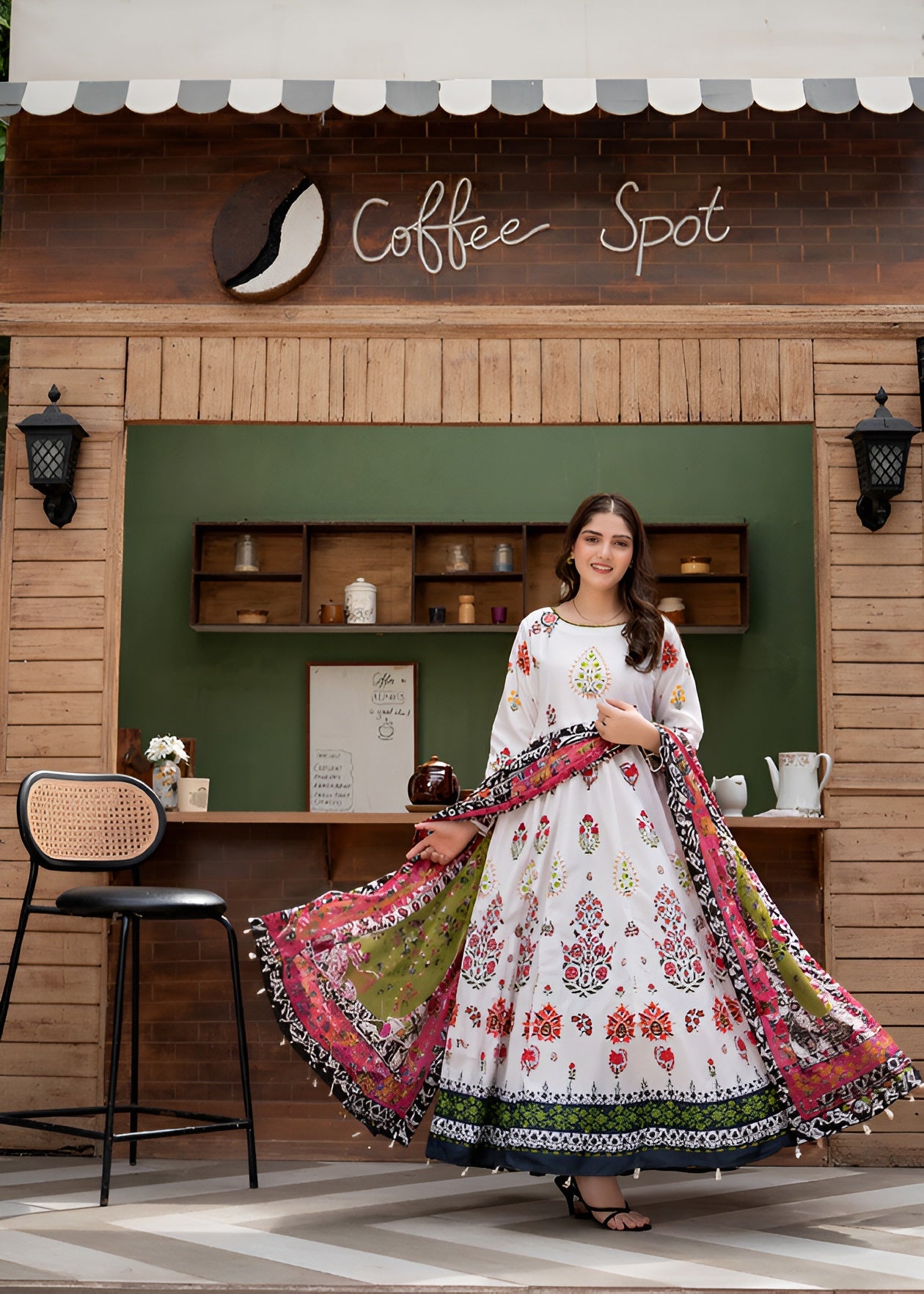 poly lawn Anarkali in White