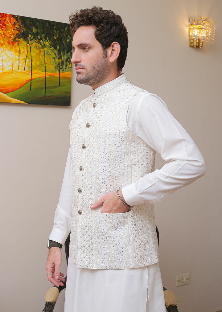 banarsi silk Waistcoat in Off-white