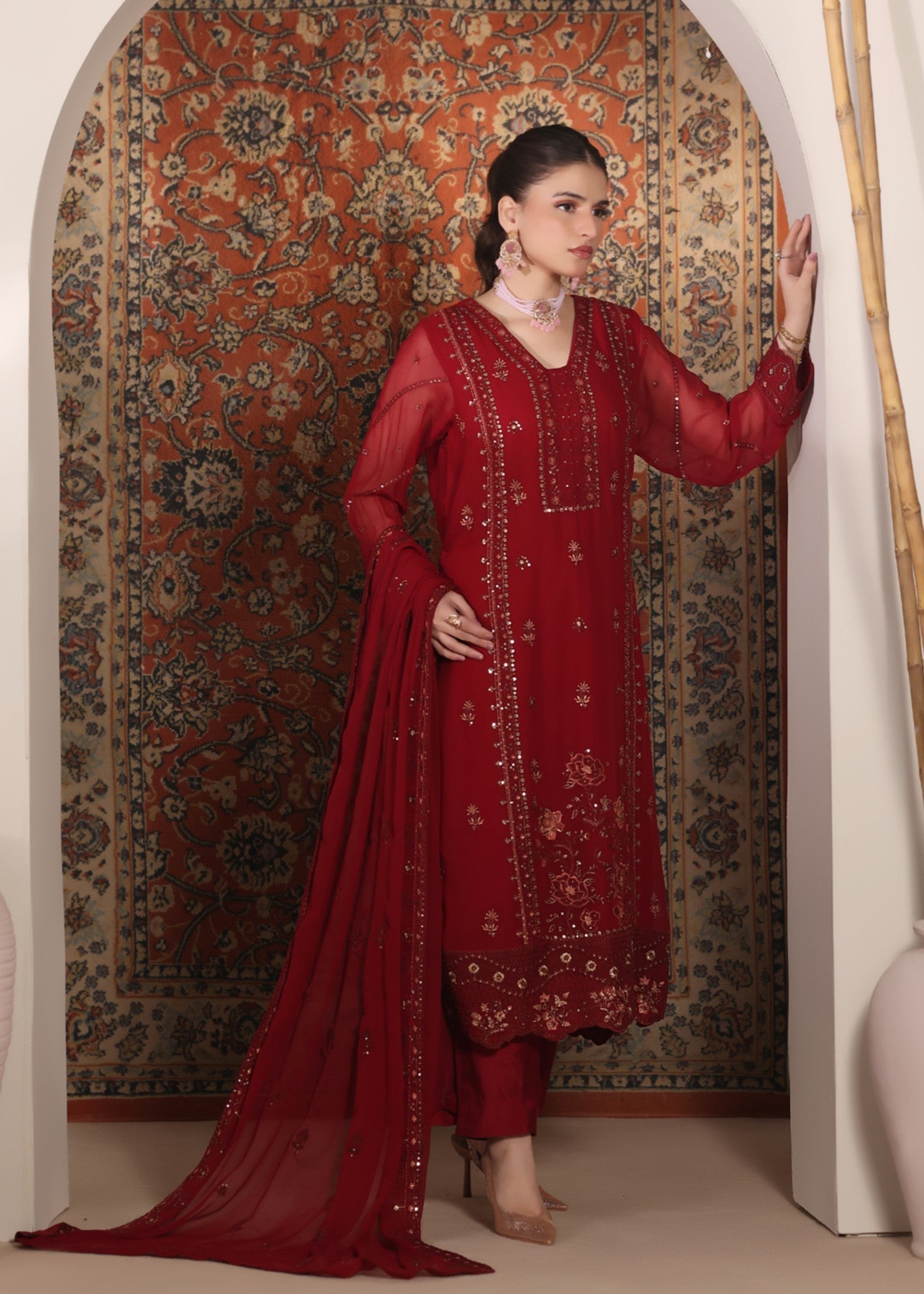 chiffon Kurta Set in Crimson