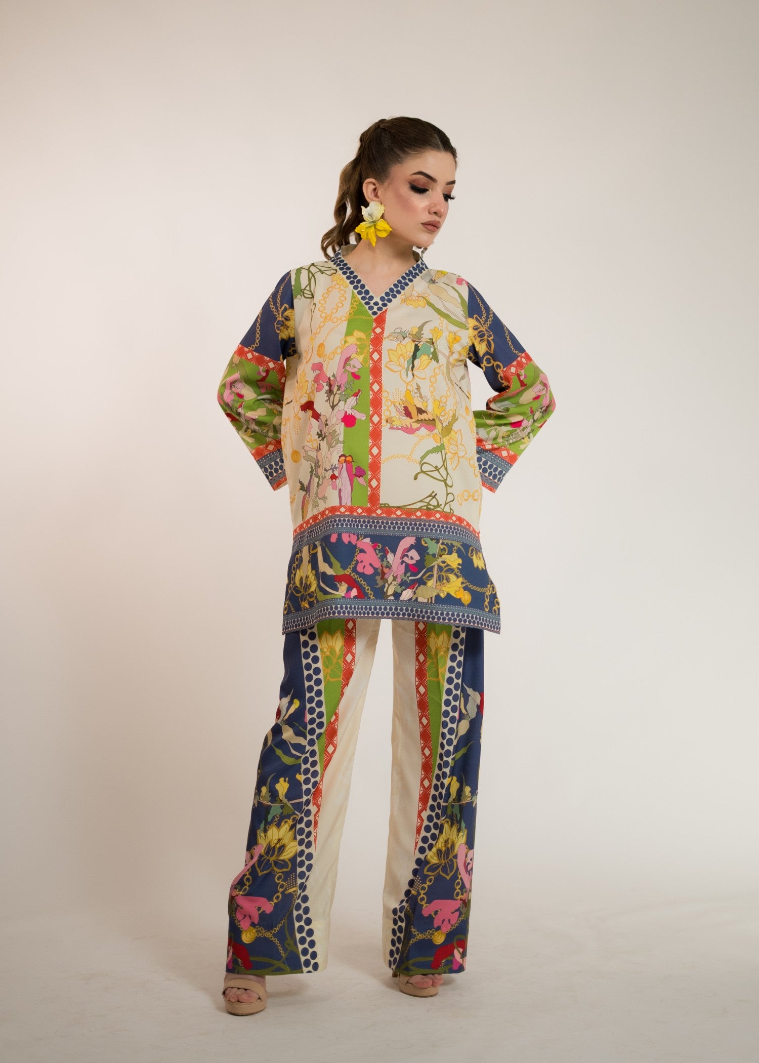 silk crepe Co ord Sets in Blue, cream