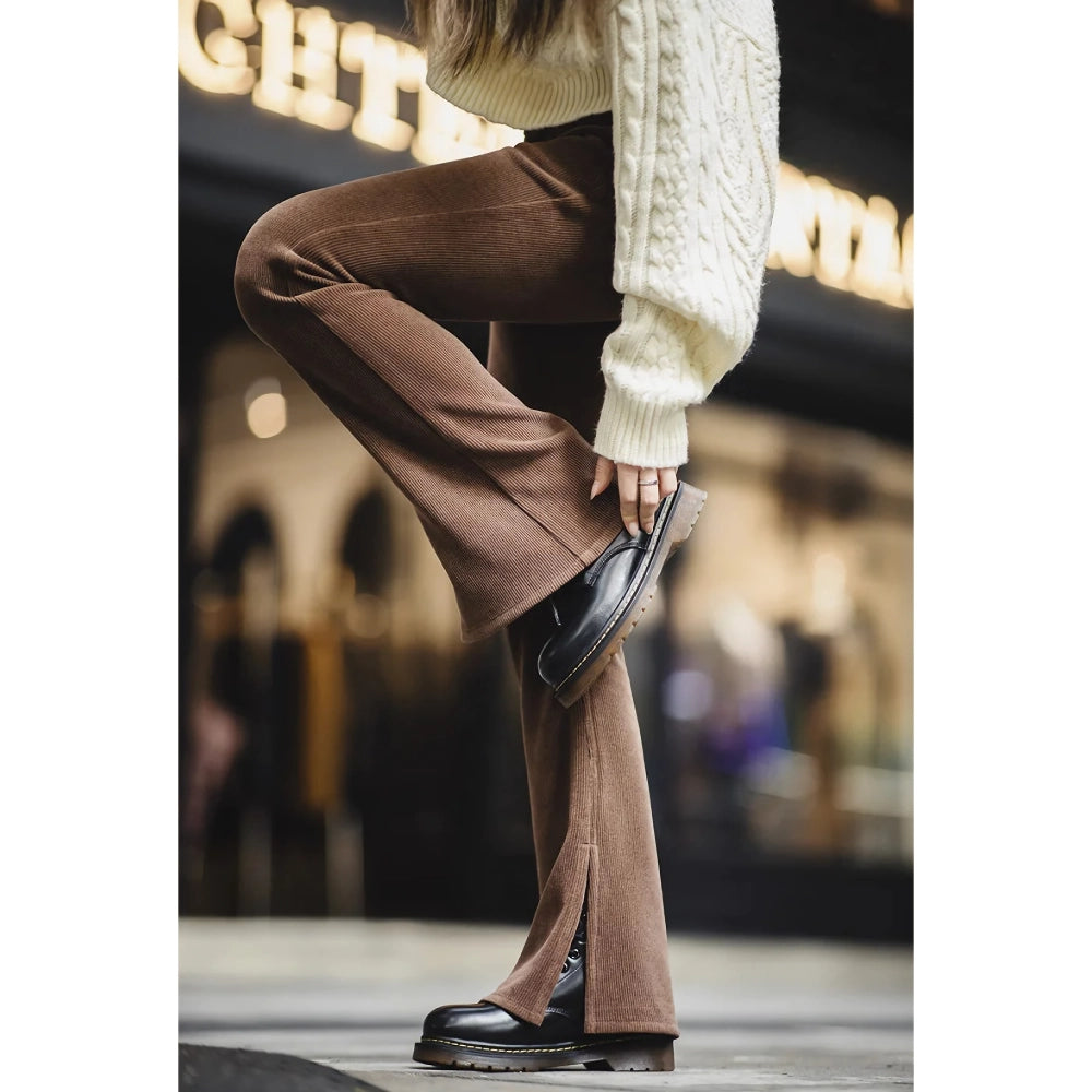 Women's Autumn Winter Vintage Split Elastic Flare Corduroy Pants