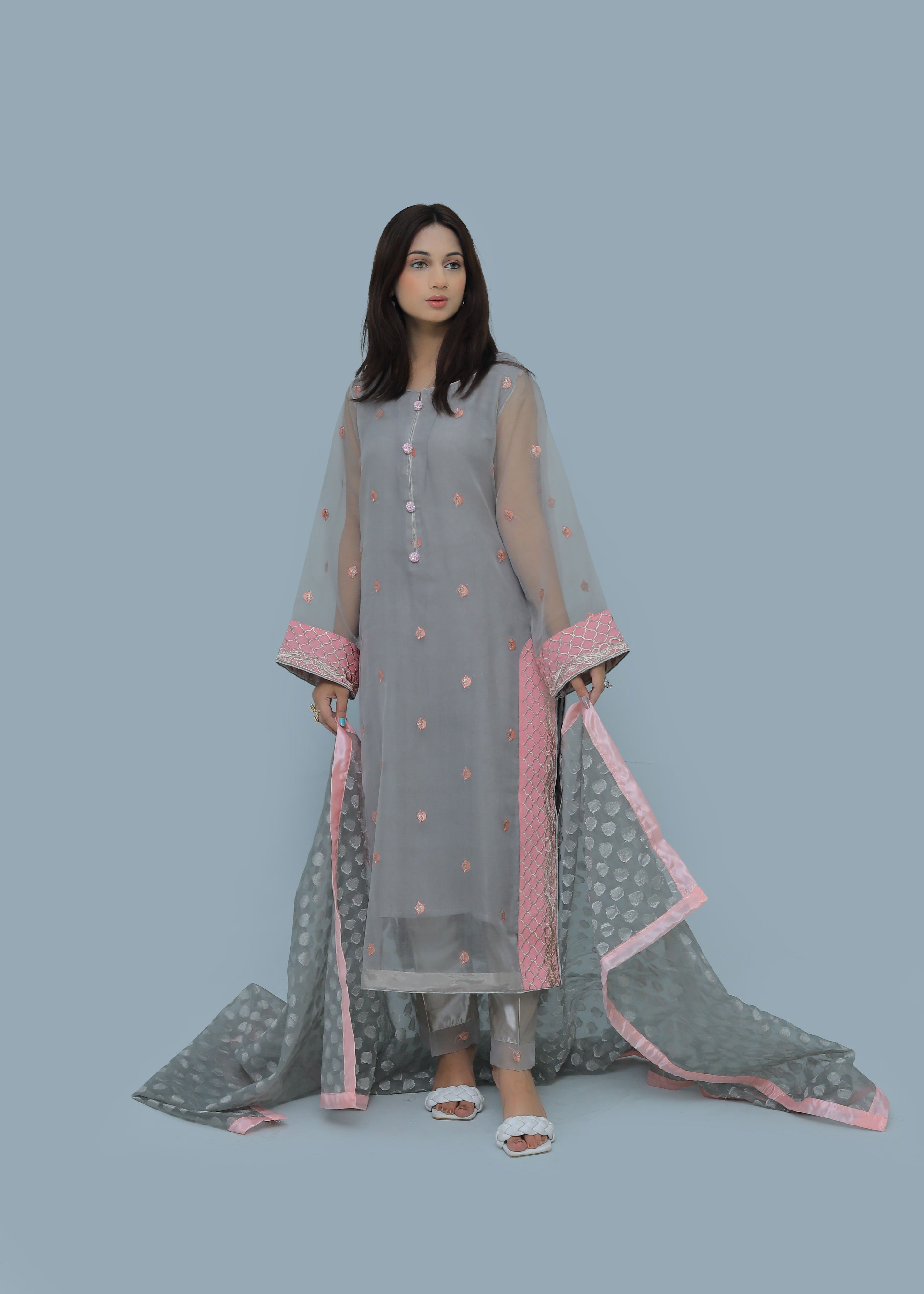 organza Kurta Set in Slate grey