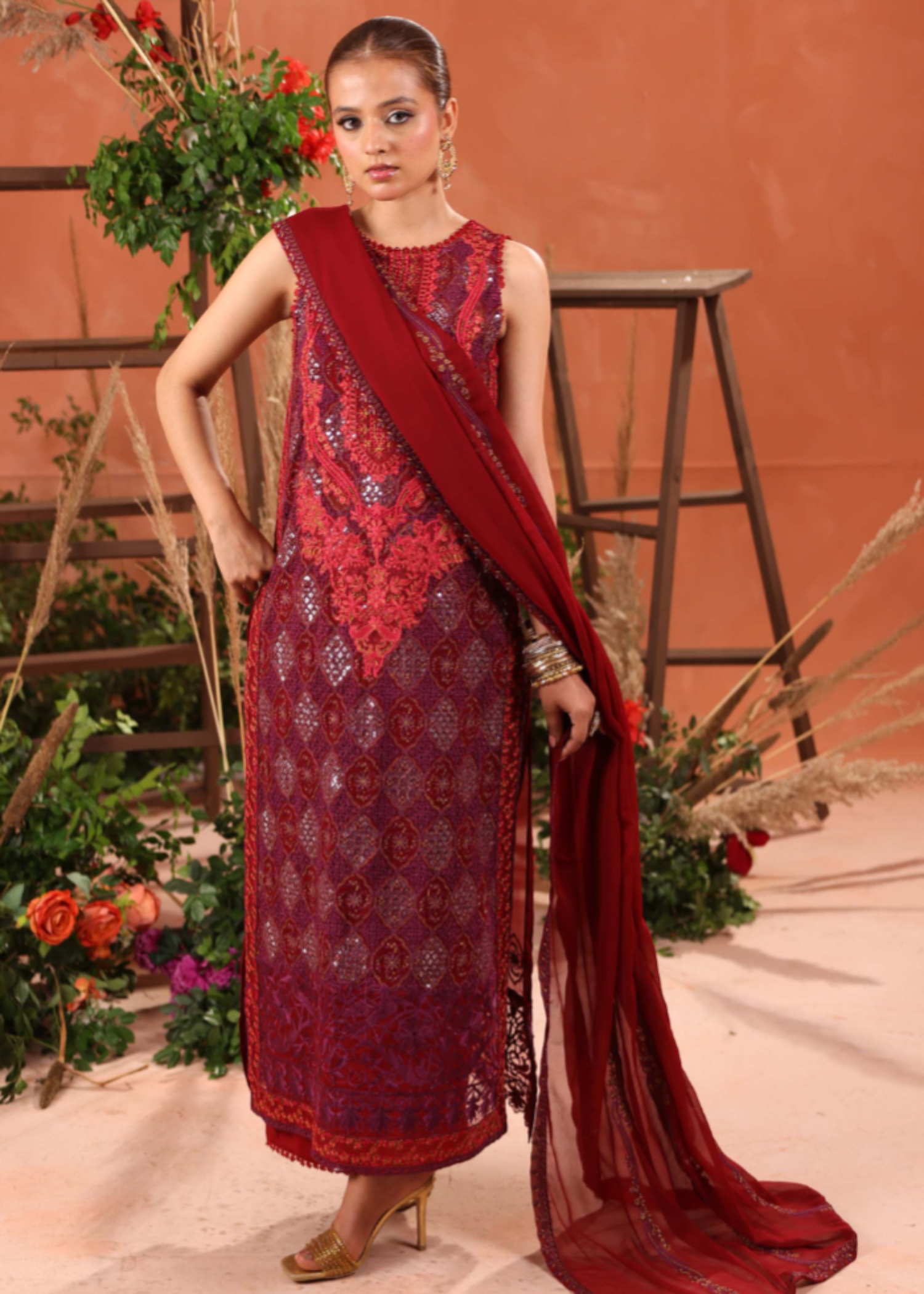 chiffon Kurta Set in Rosewood