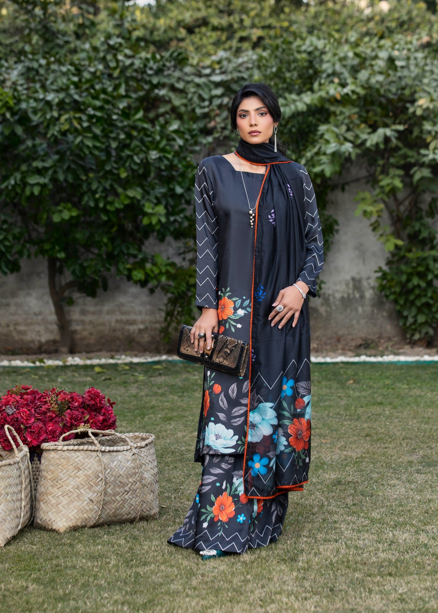 silk Kurta Set in Black, ink