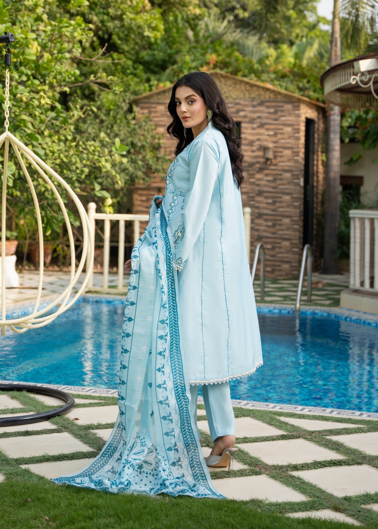 khaddi net Pishwas in Sky blue