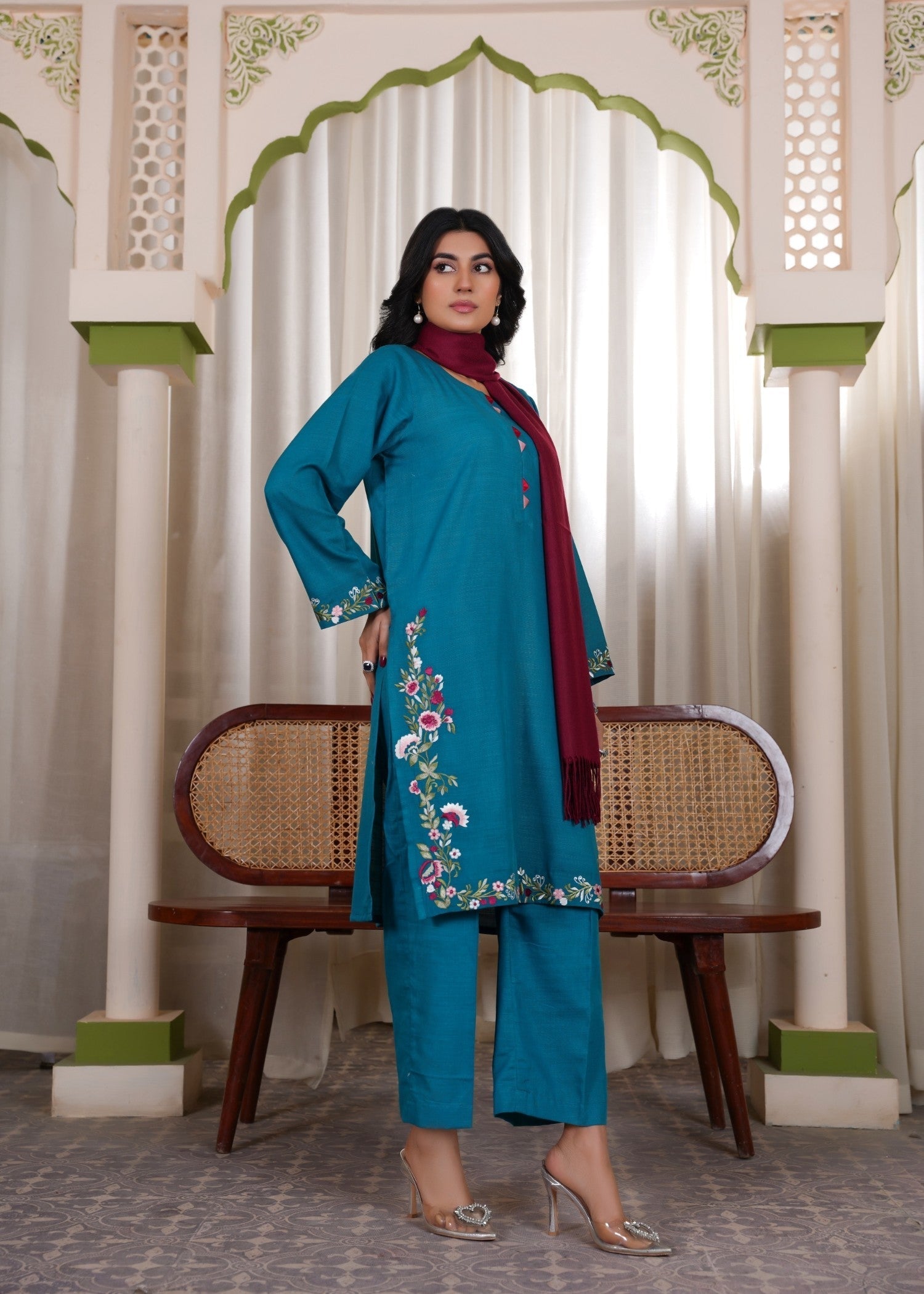 khaddar Kurta Set in Teal