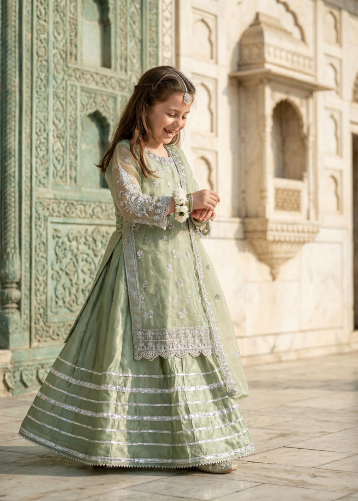 organza Lehenga in Pistachio green