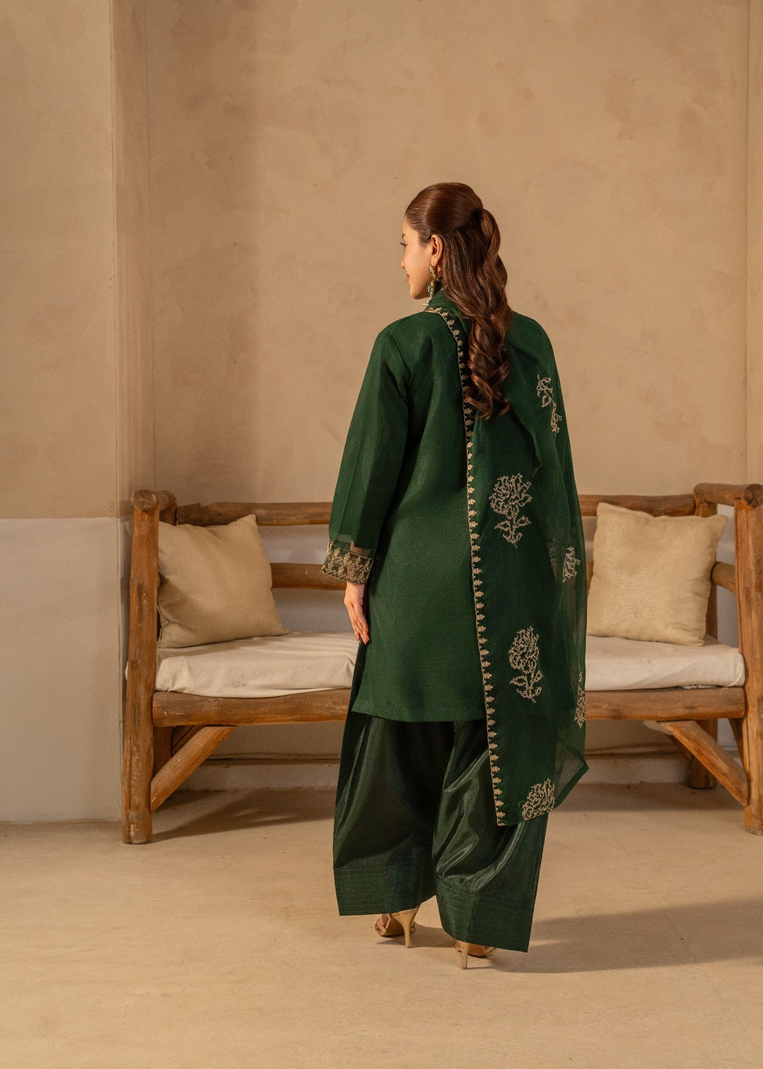 chiffon Kurta Set in Dark green