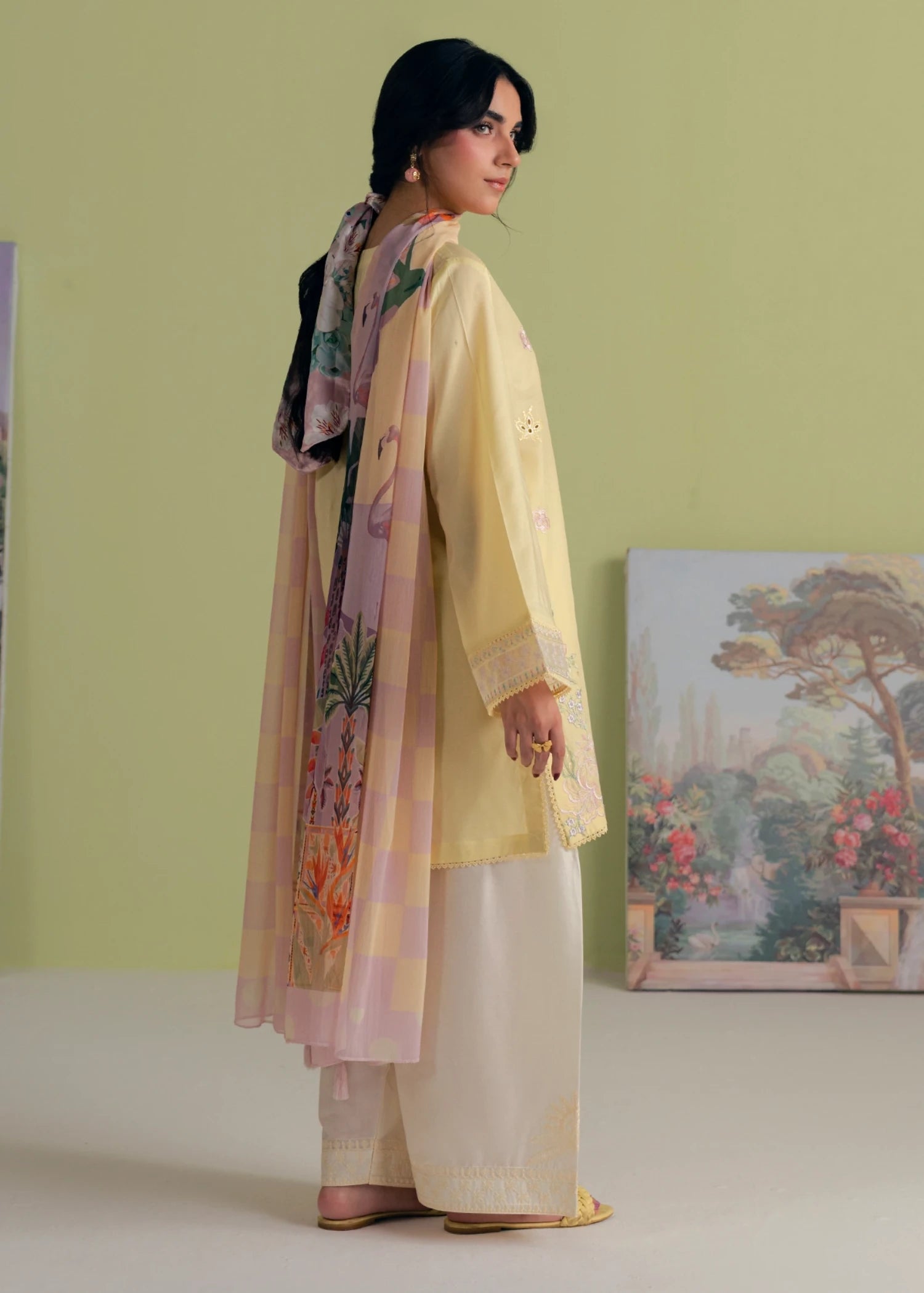 lawn cotton Kurta Set in Yellow