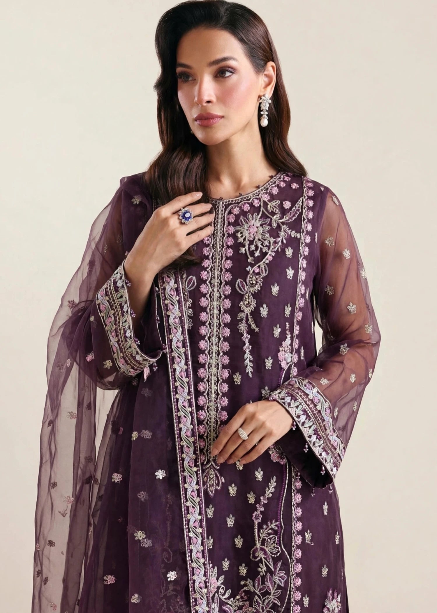 organza Kurta Set in Plum purple