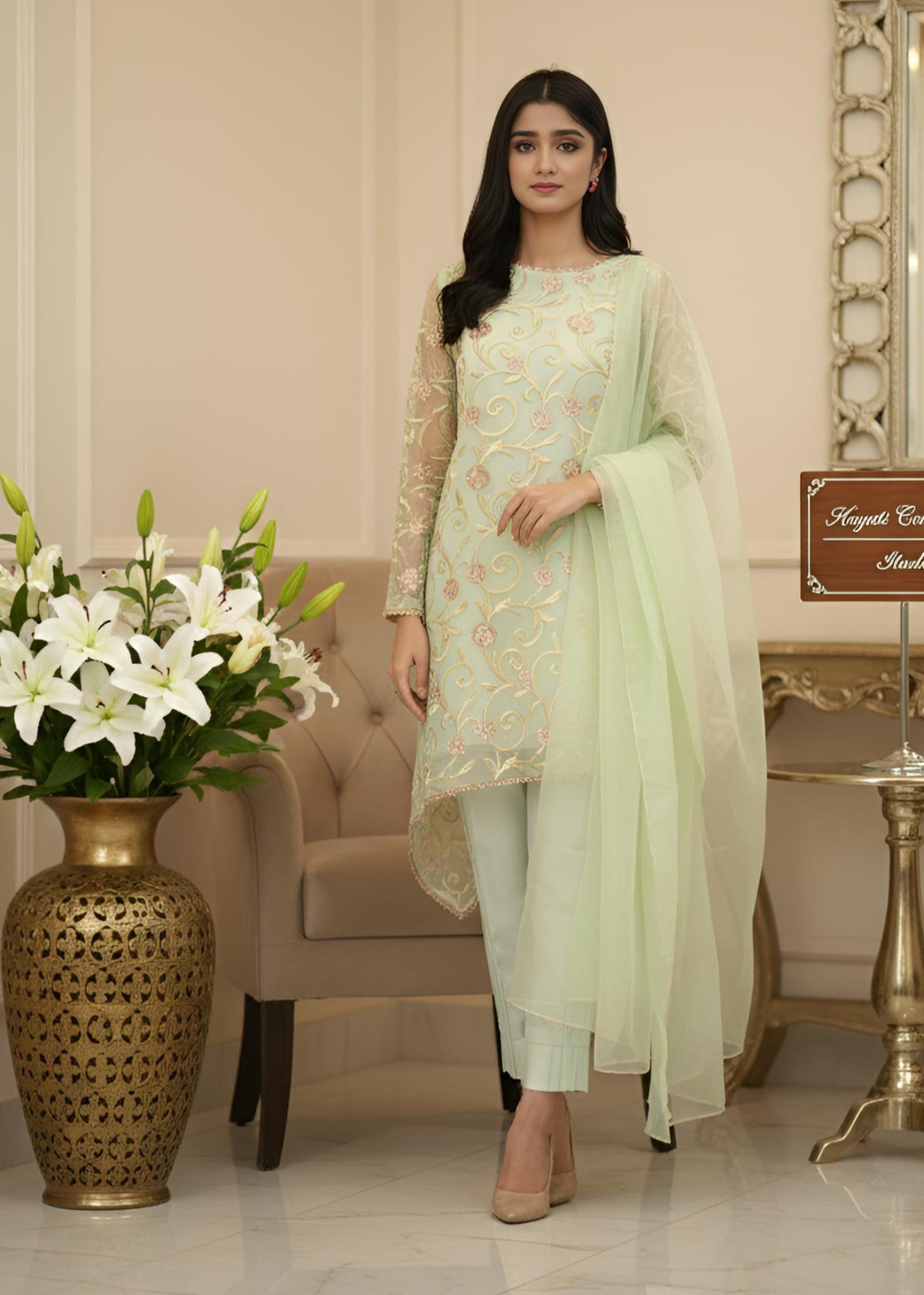 organza Short Frock in Tea green