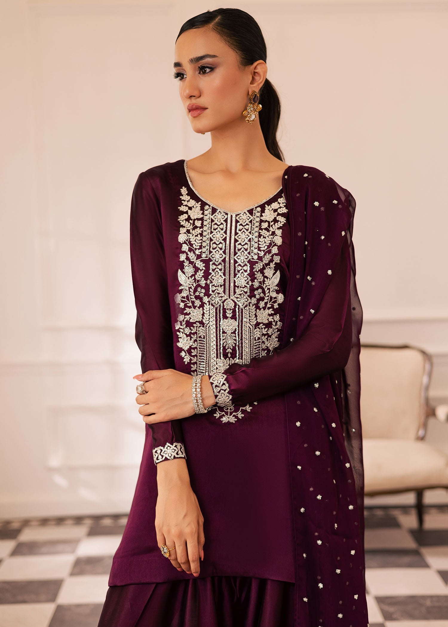 thai silk Kurta Set in Deep purple