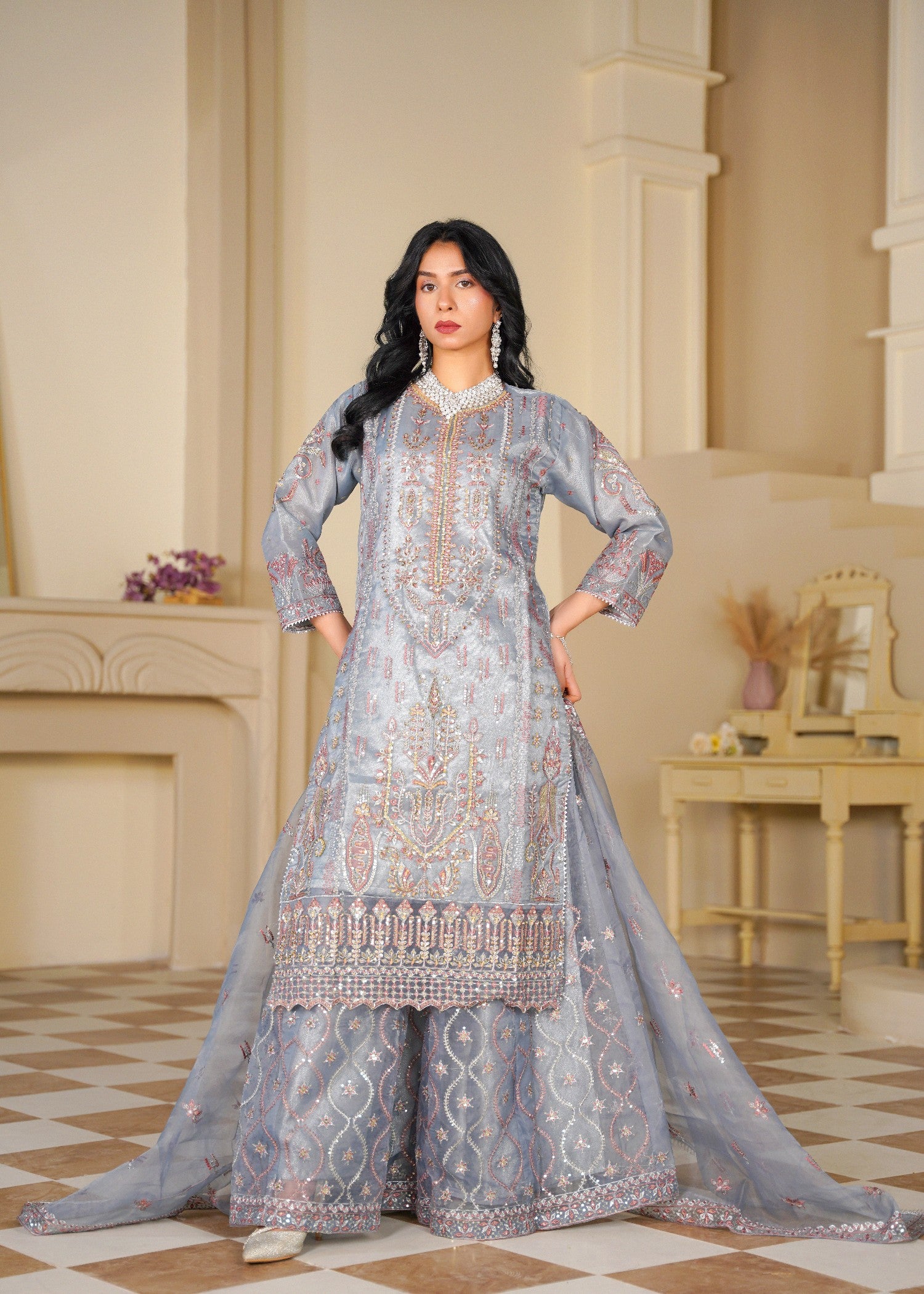 organza Sharara in Steal grey, silver