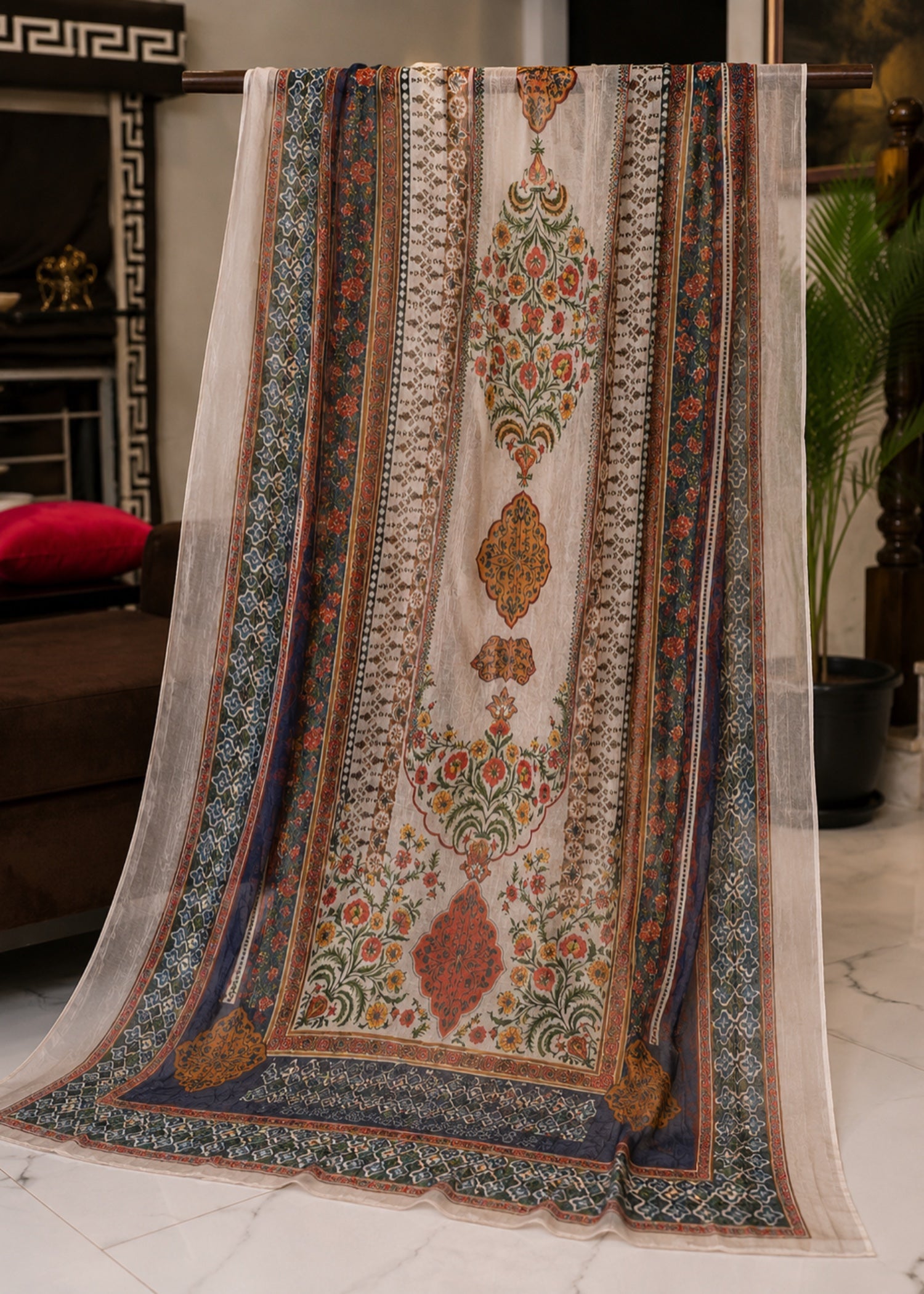 silk finish lawn Kurta Set in Multi, eggshell
