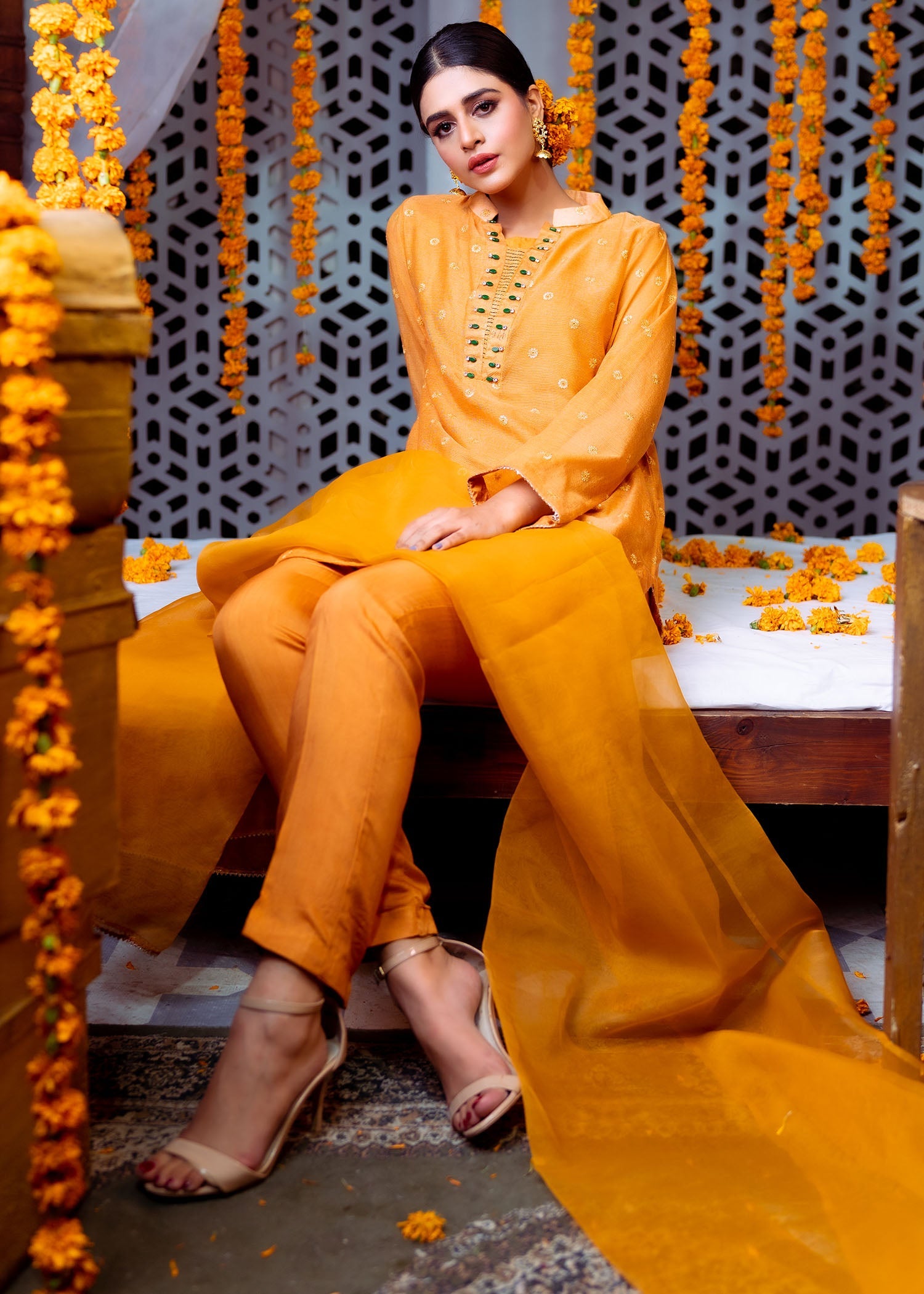 khaddi net Kurta Set in Pumpkin orange