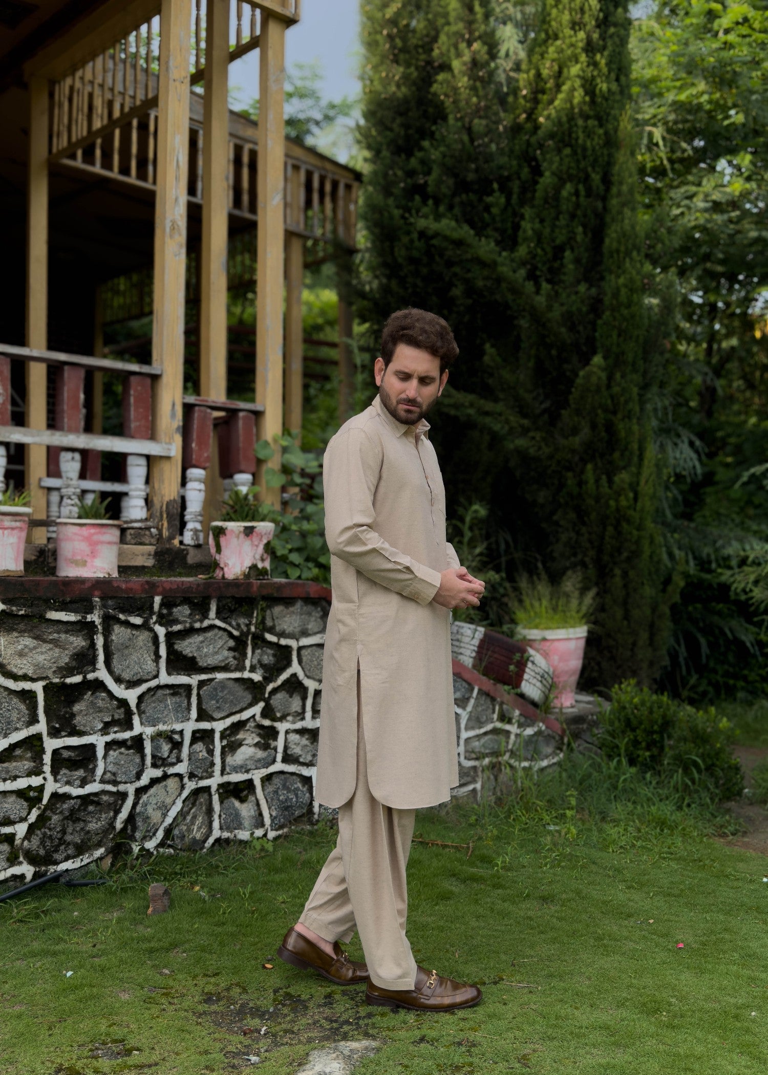 blended karandi Shalwar Kameez in Beige