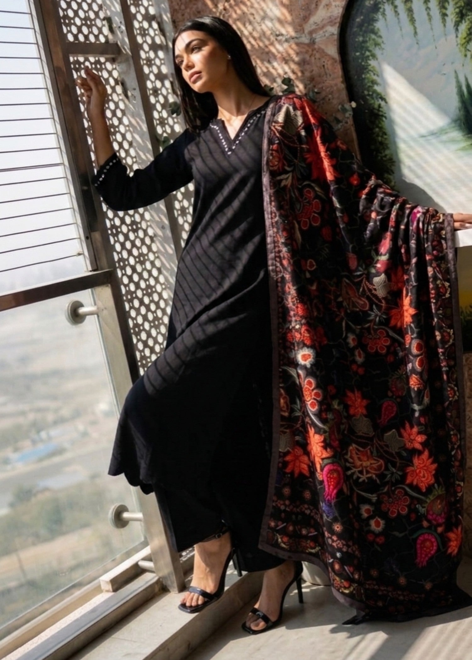 dhanak Kurta Set in Charcoal black