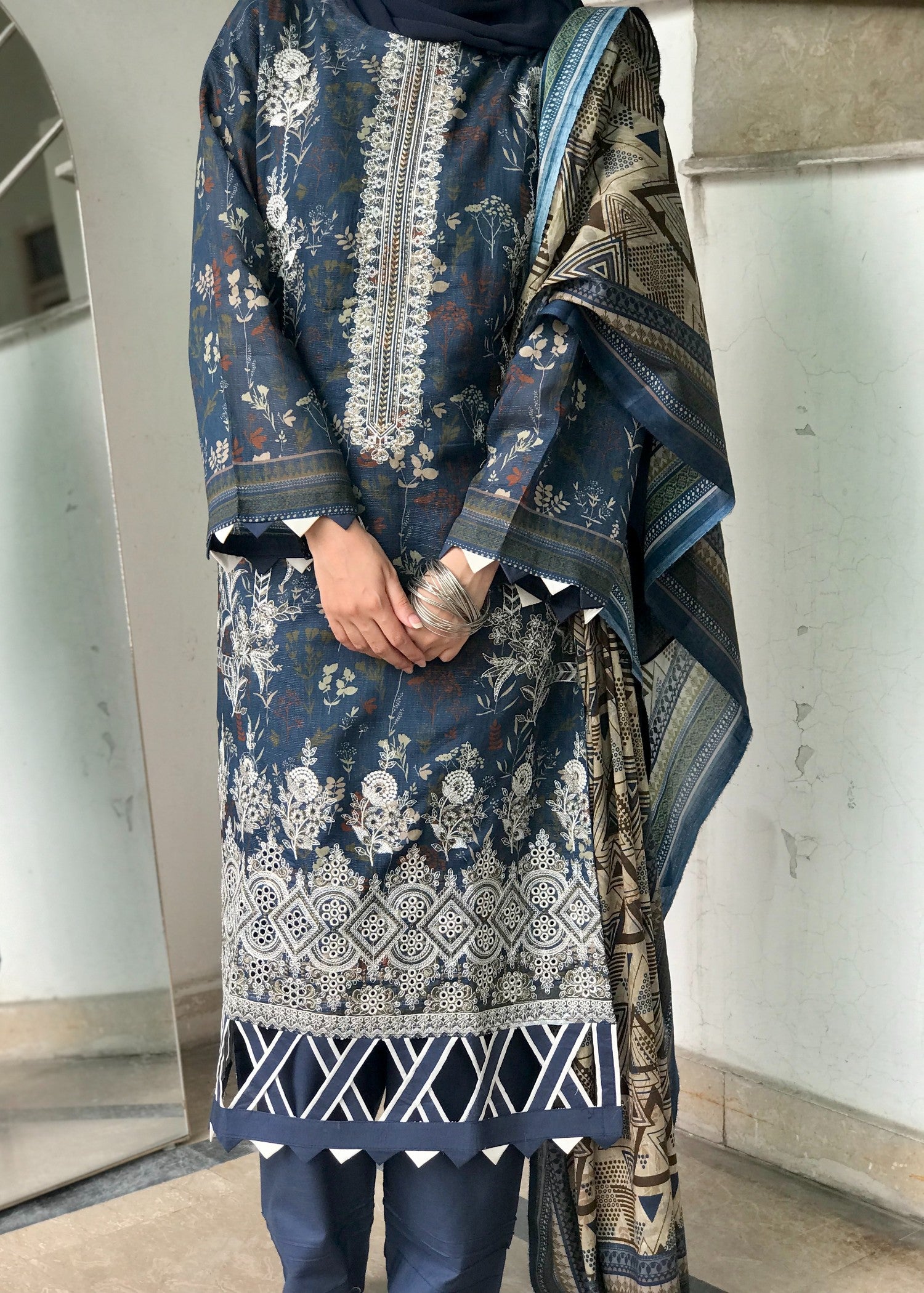 lawn Kurta Set in Aegean blue