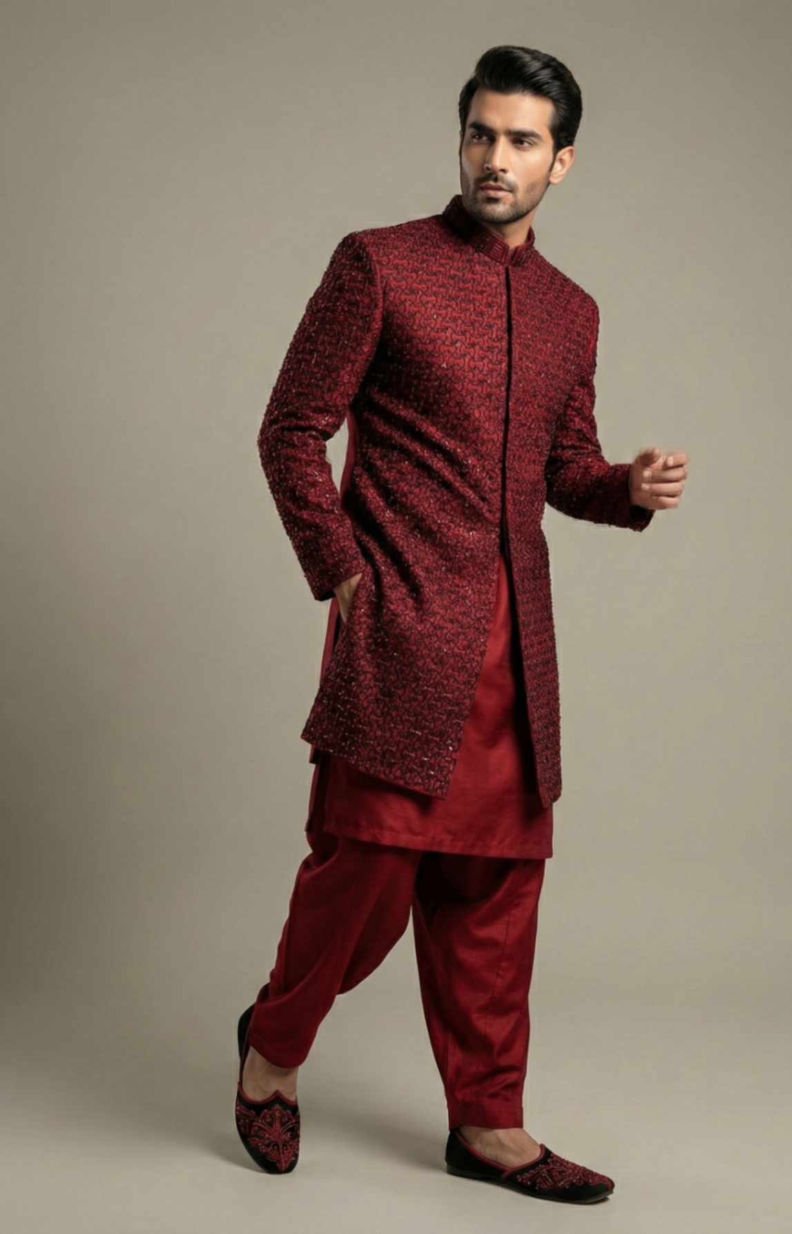 jamawar Sherwani in Black, maroon