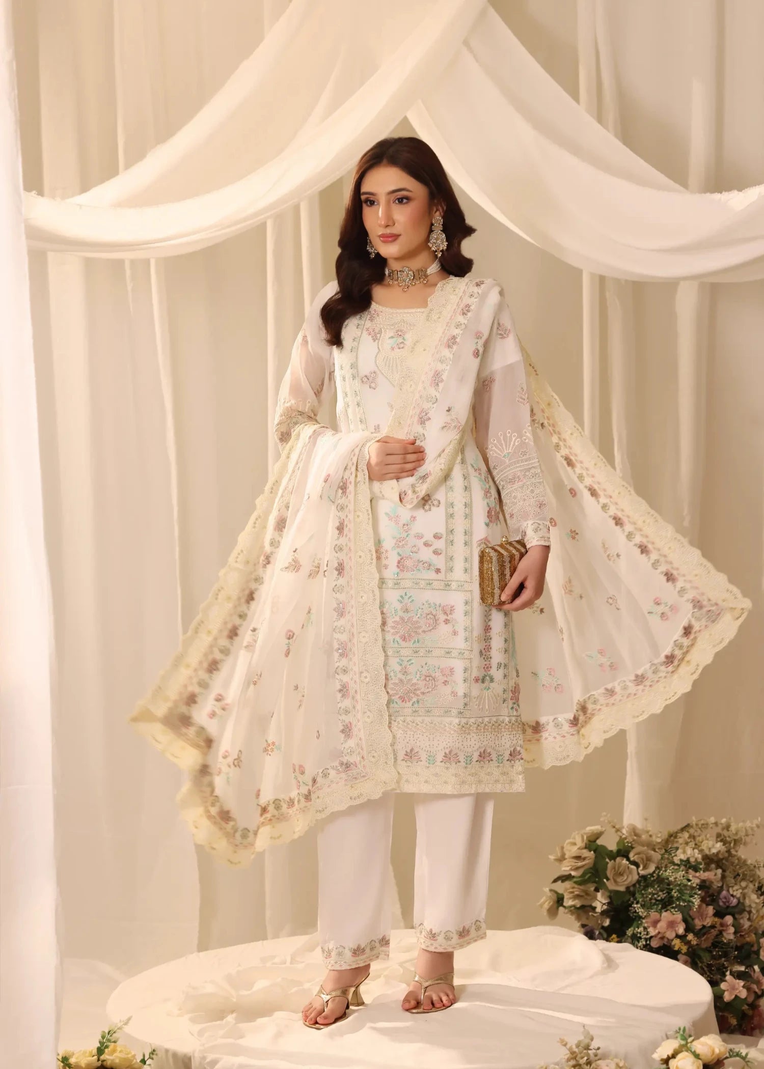 chiffon Kurta Set in Ivory
