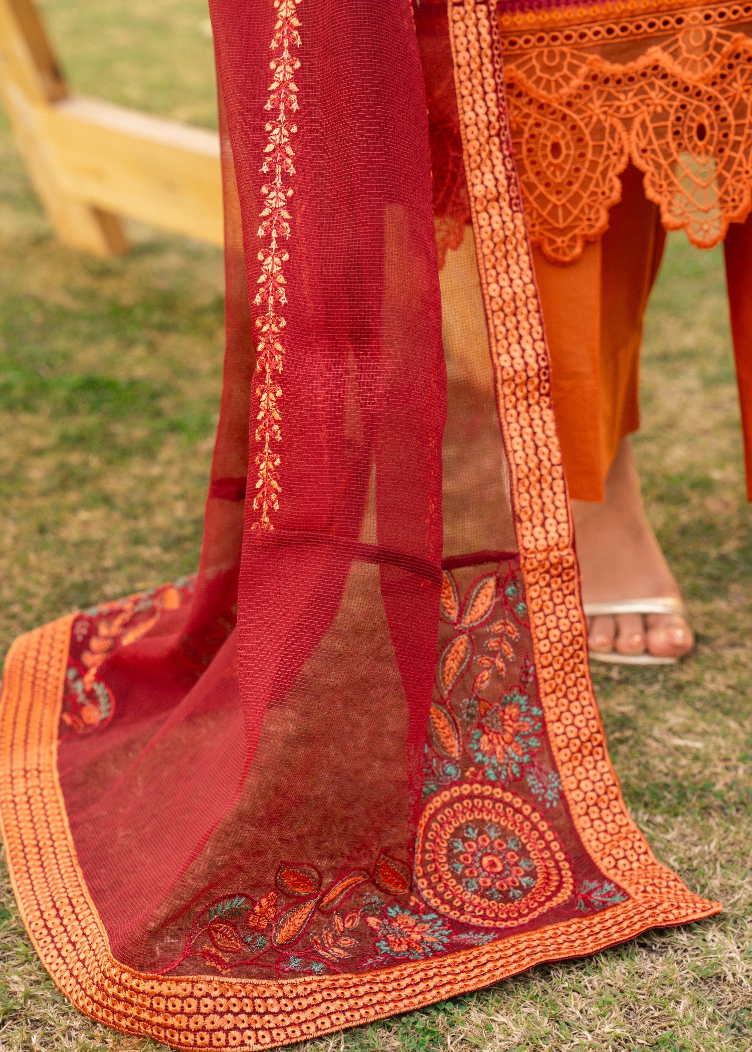 lawn Kurta Set in Pumpkin orange, spicy red