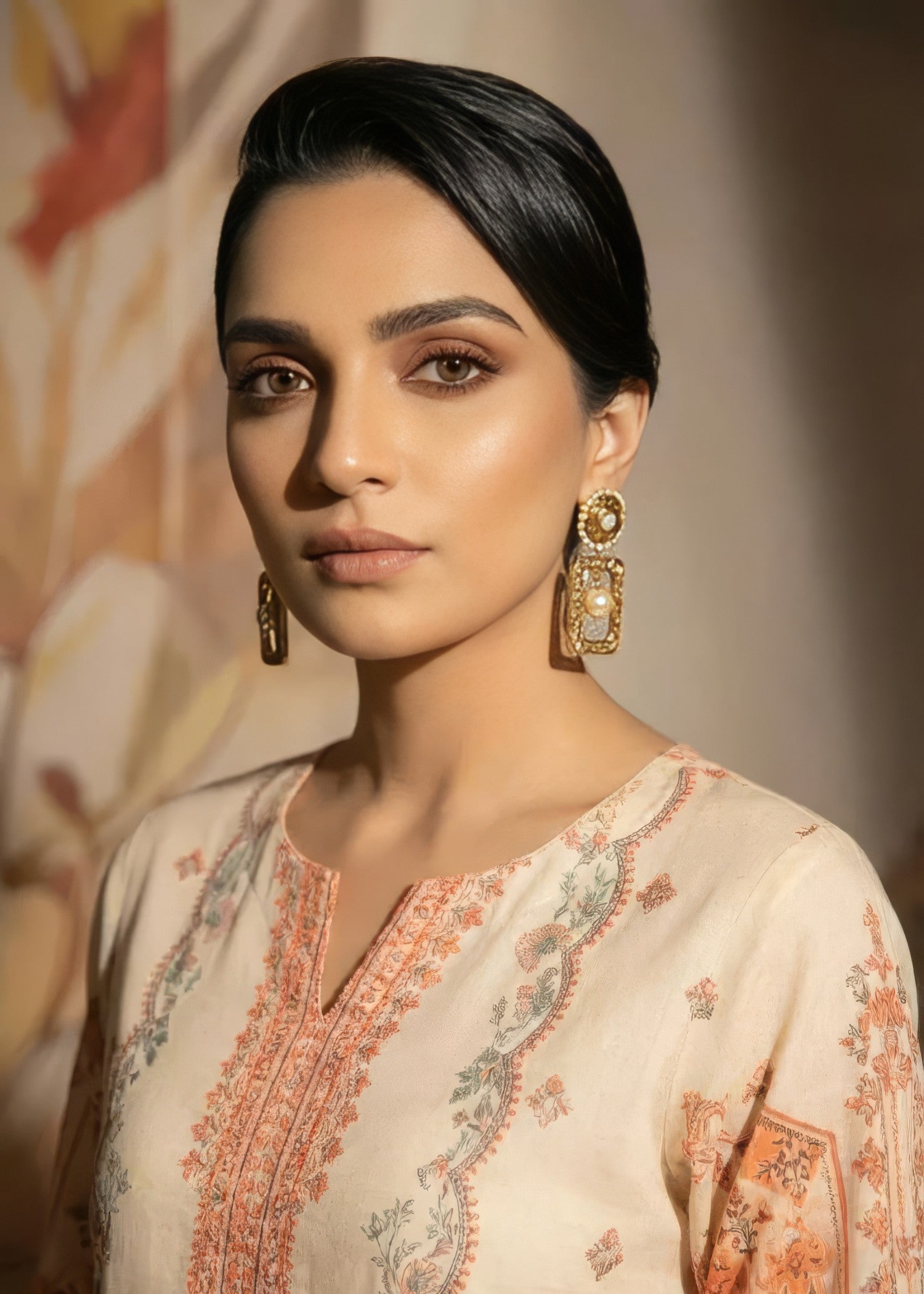 poly lawn Kurta Set in Apricot orange, ivory