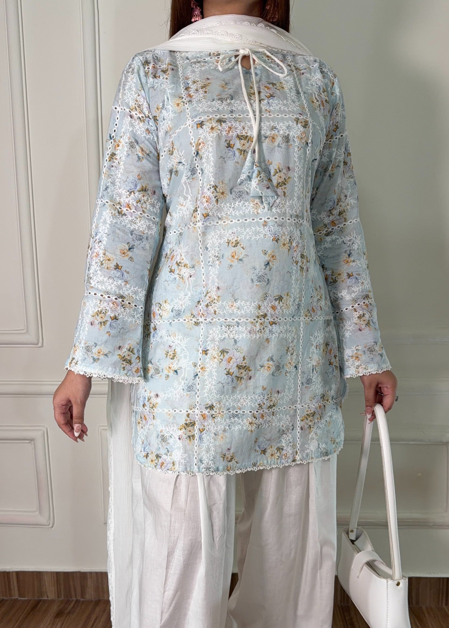 lawn Kurta Set in Off-white, ice blue