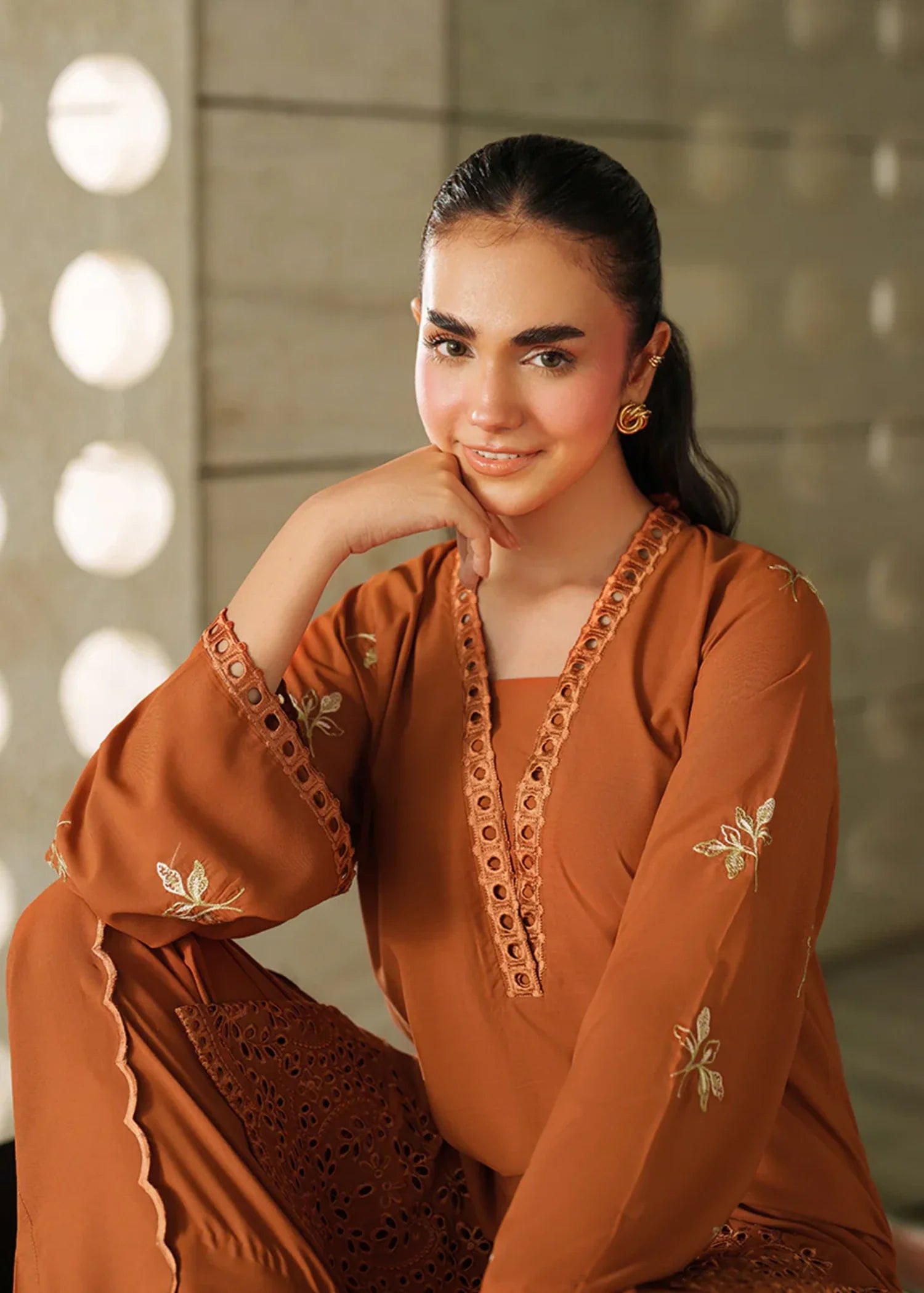 blended satin Kurta Set in Rust orange