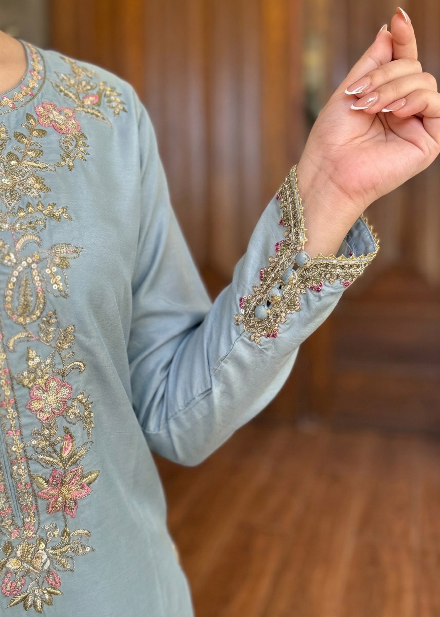 silk Kurta Set in Light blue