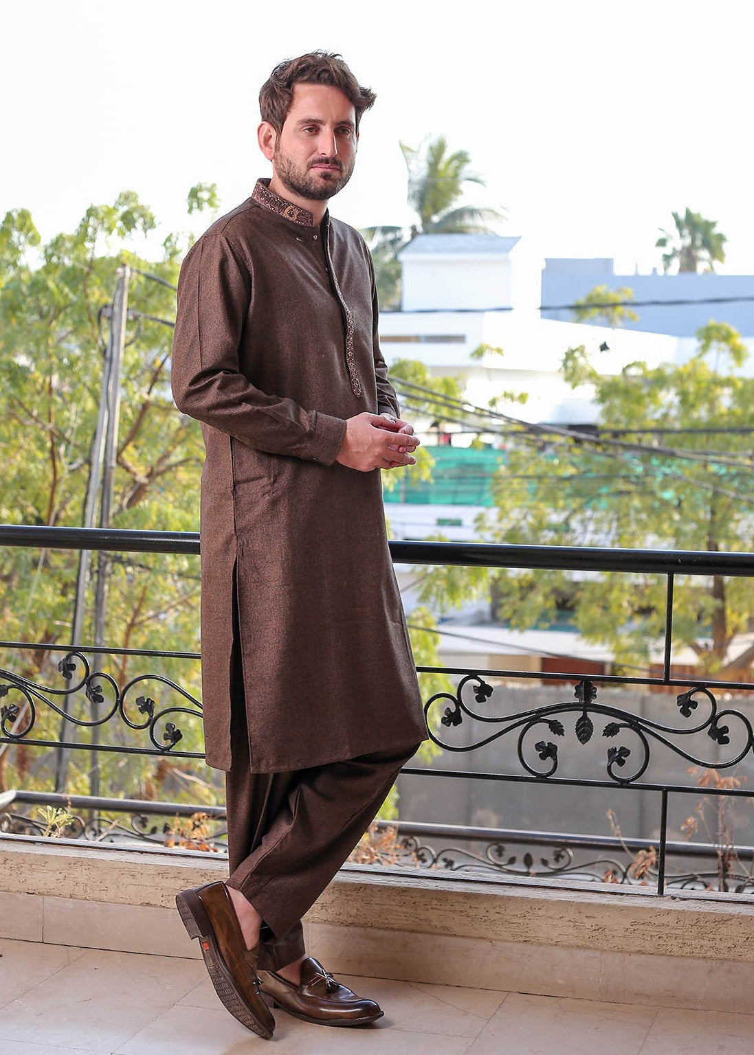 wool viscose Shalwar Kameez in Brown