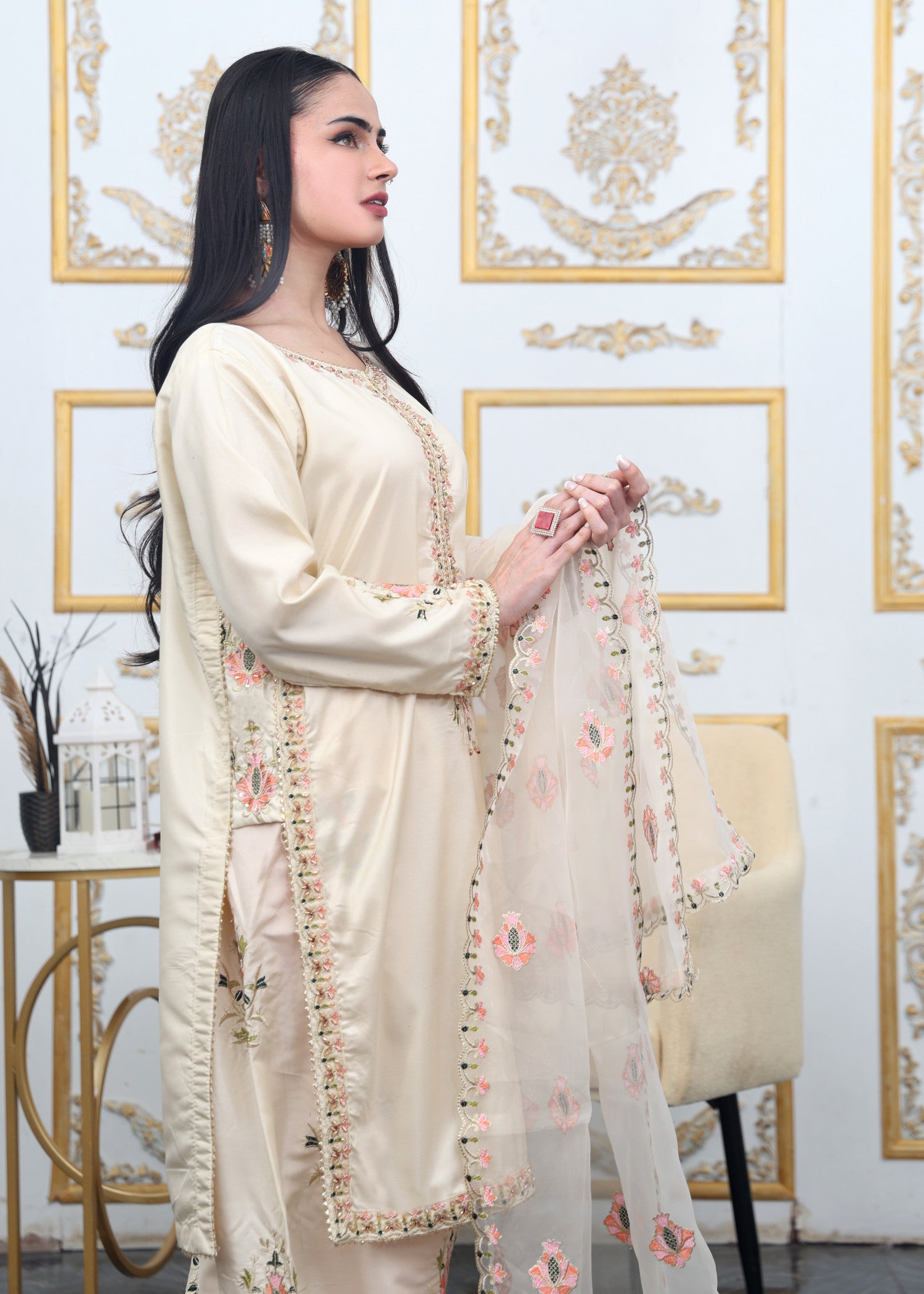 polyester-silk blend Kurta Set in Ivory