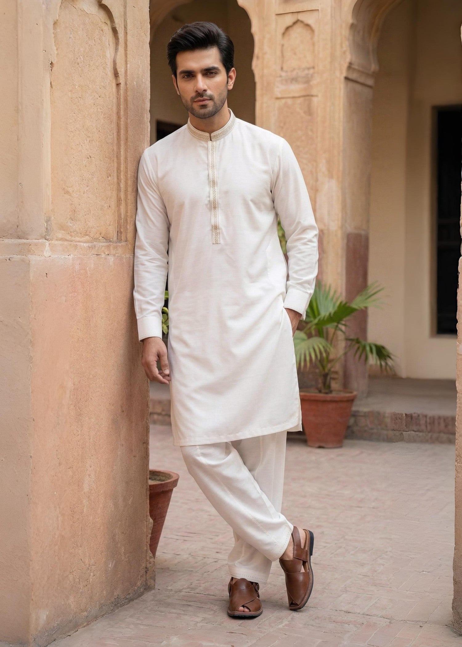 textured wash & wear Shalwar Kameez in Off-white