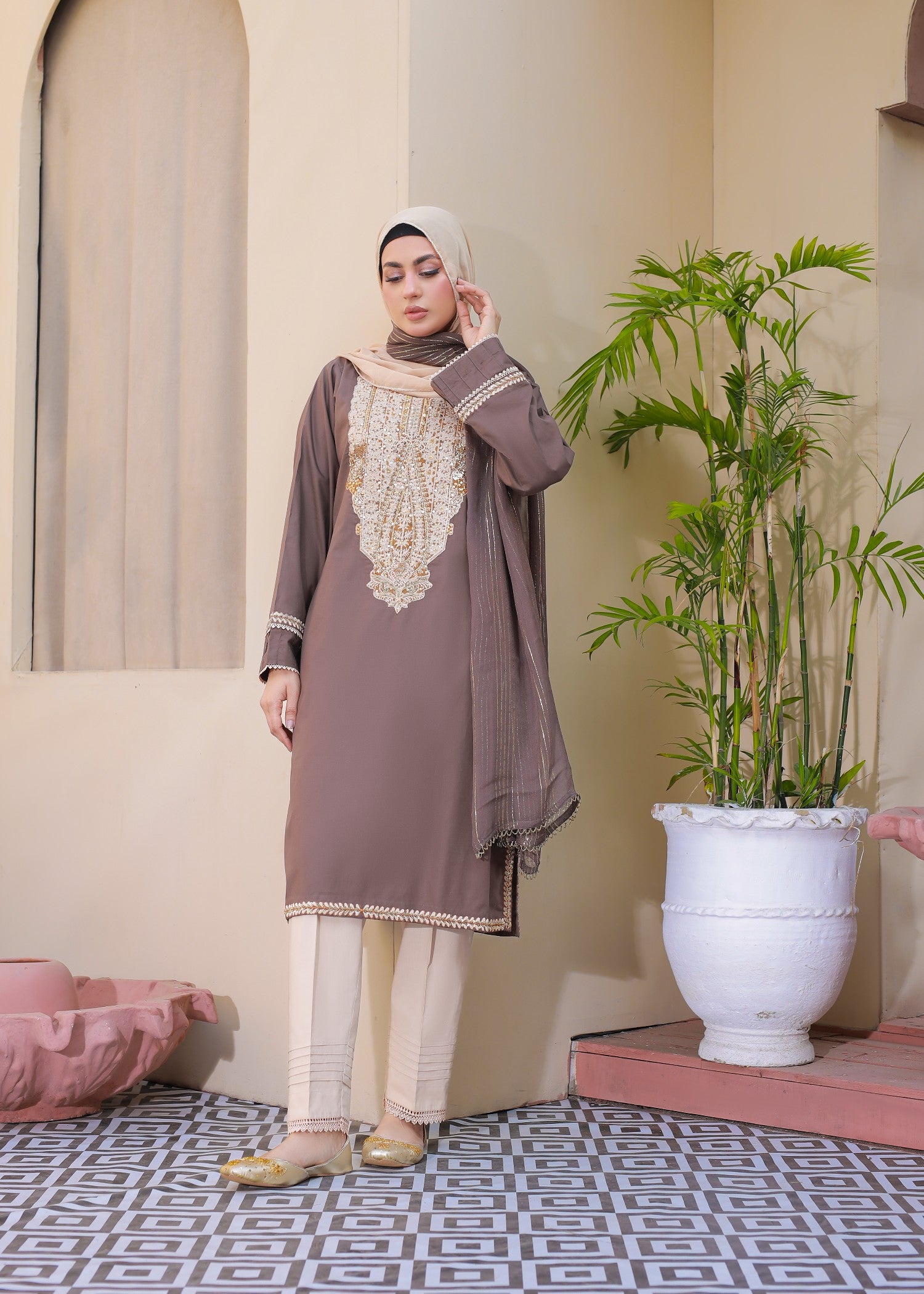 lawn cotton Kurta Set in Mocha brown