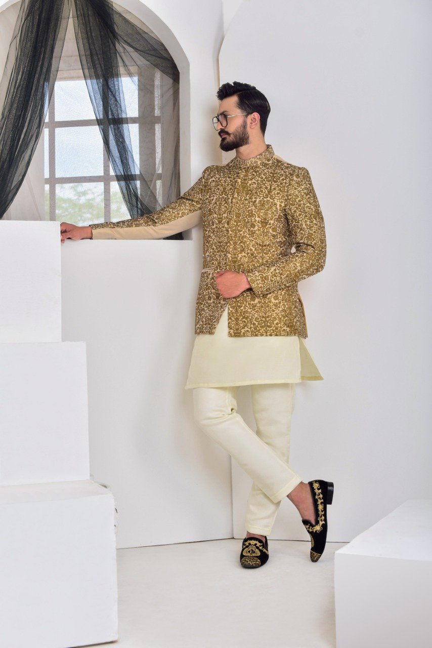 banarsi silk Prince Coat in Gold