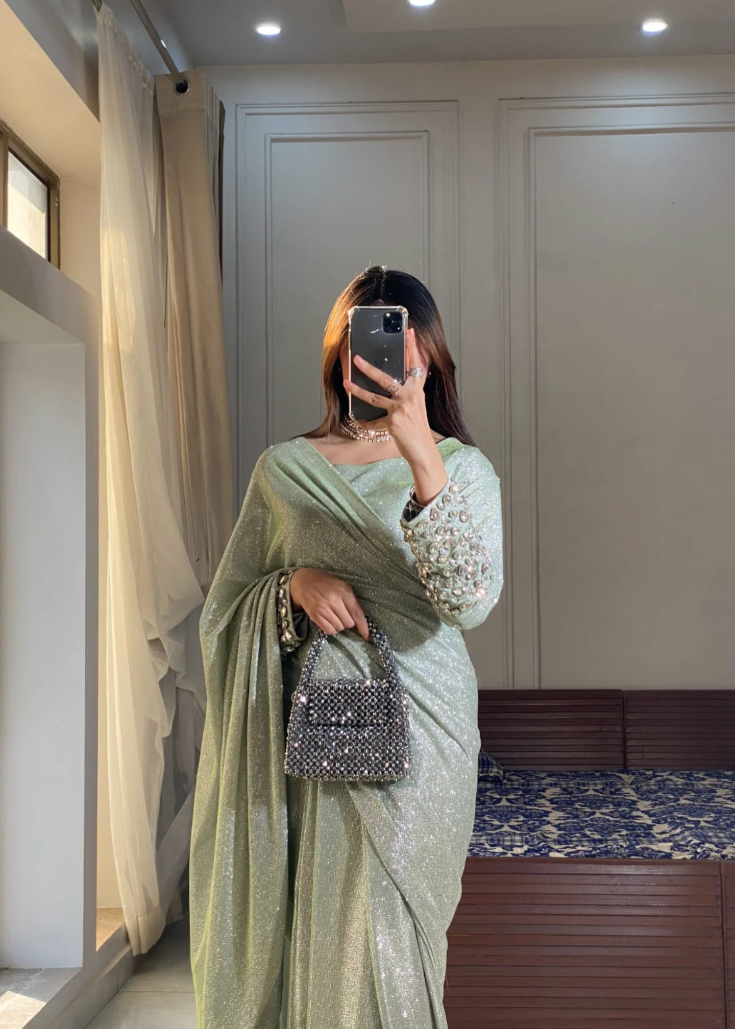 silk Saree in Mint green