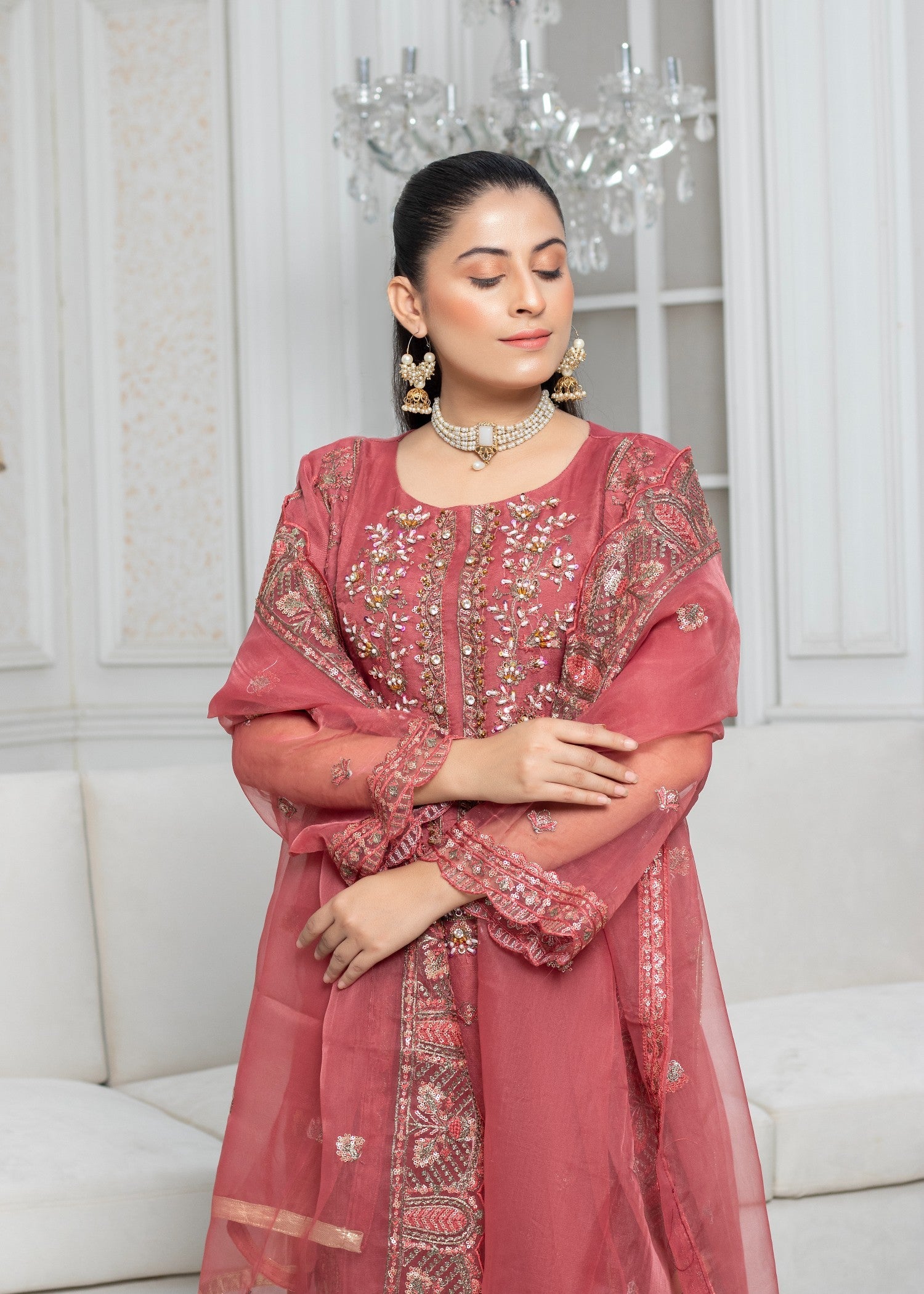 organza Kurta Set in Taffy pink