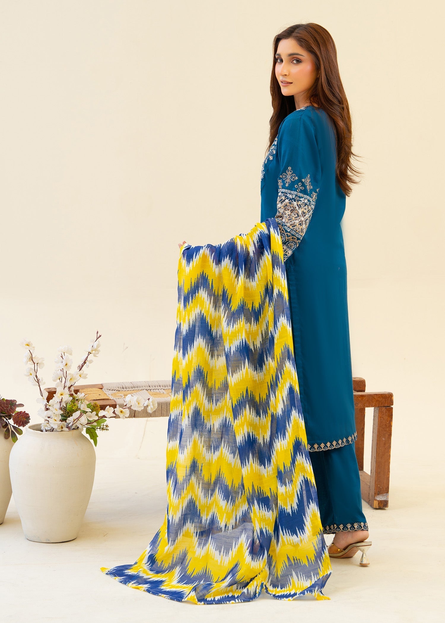 cambric Kurta Set in Teal