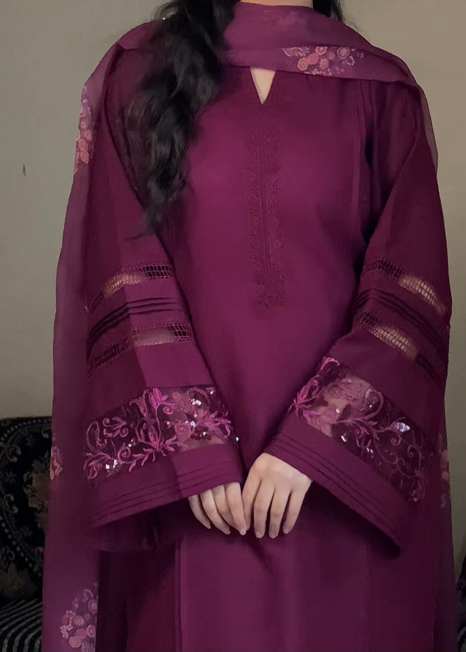 lawn cotton Kurta Set in Plum