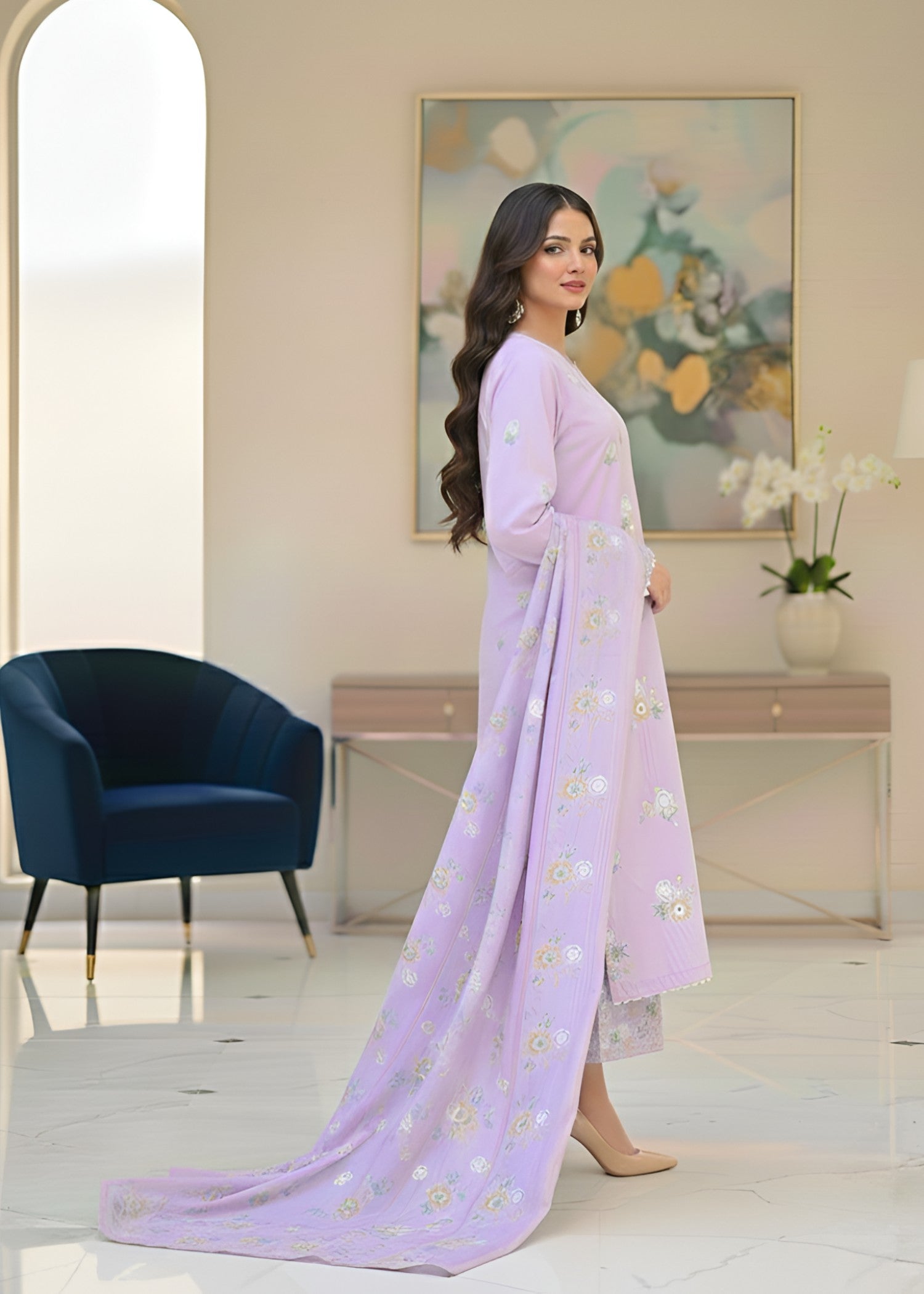 cambric Kurta Set in Lavender mist